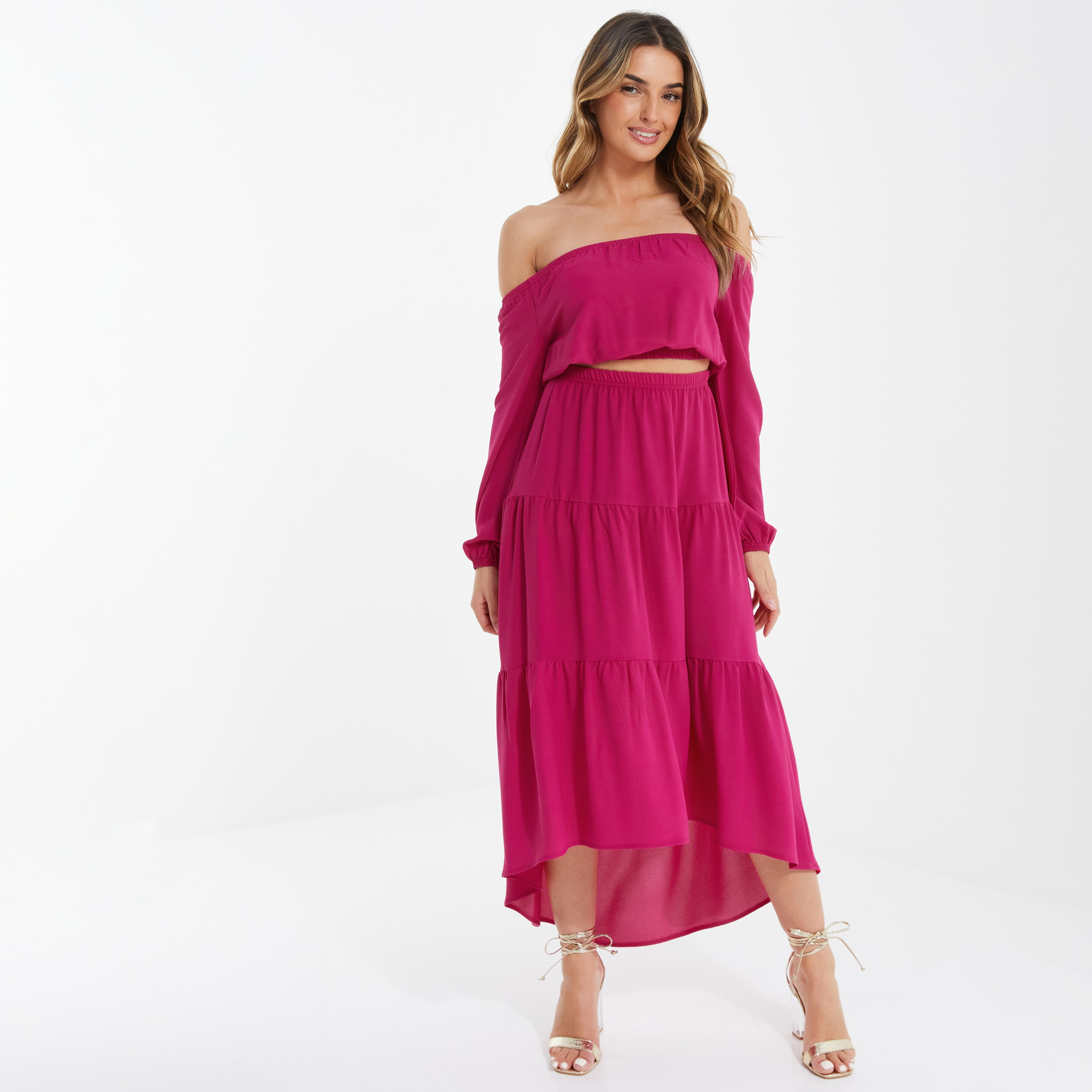 تنورة متوسط الطول سادة بطبقات متدرجة من كويز-women-clothing-bottoms-skirts-image-2