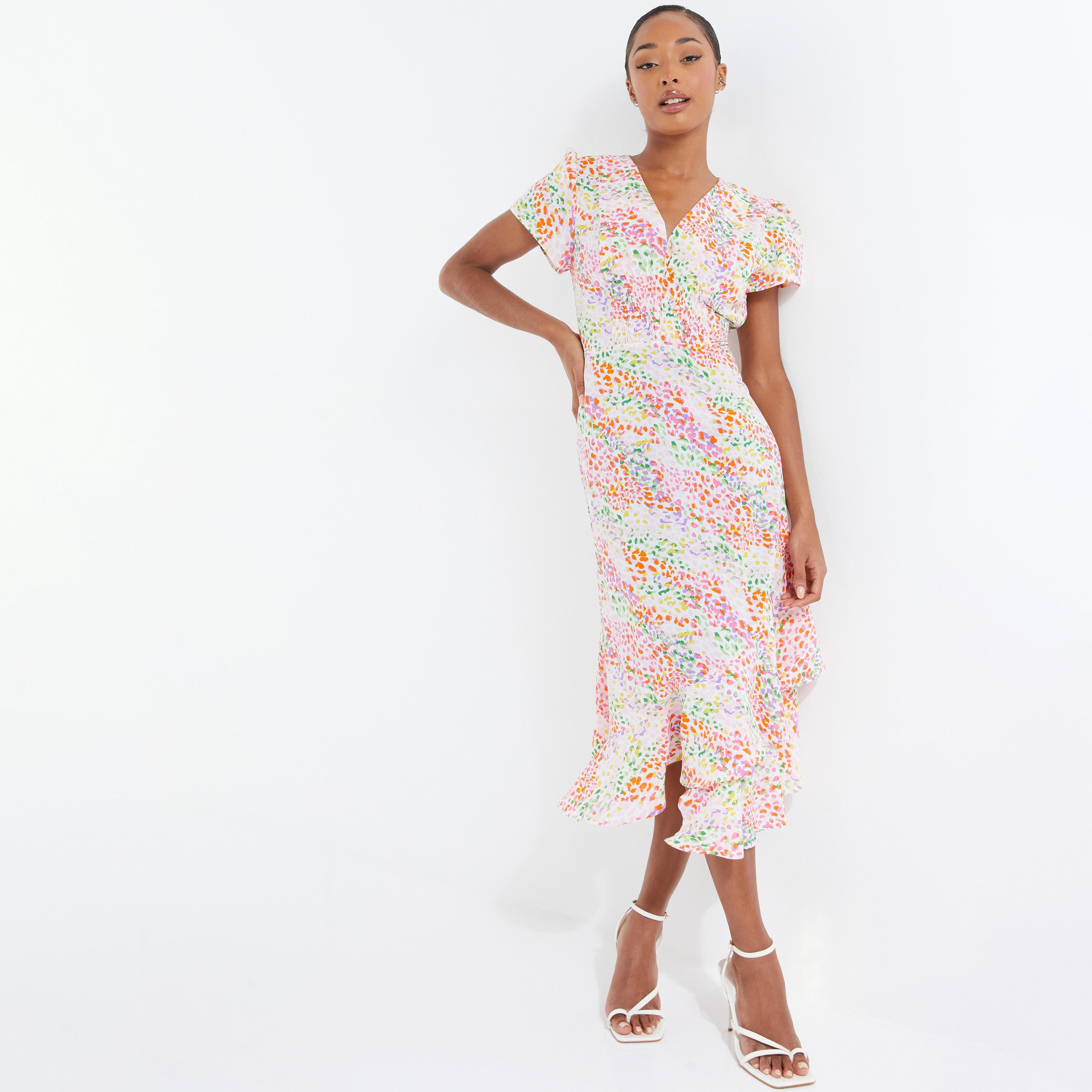  فستان متوسط الطول غير متماثل برقبة على شكل وى مطبوعة من كويز-women-clothing-dresses-image-1