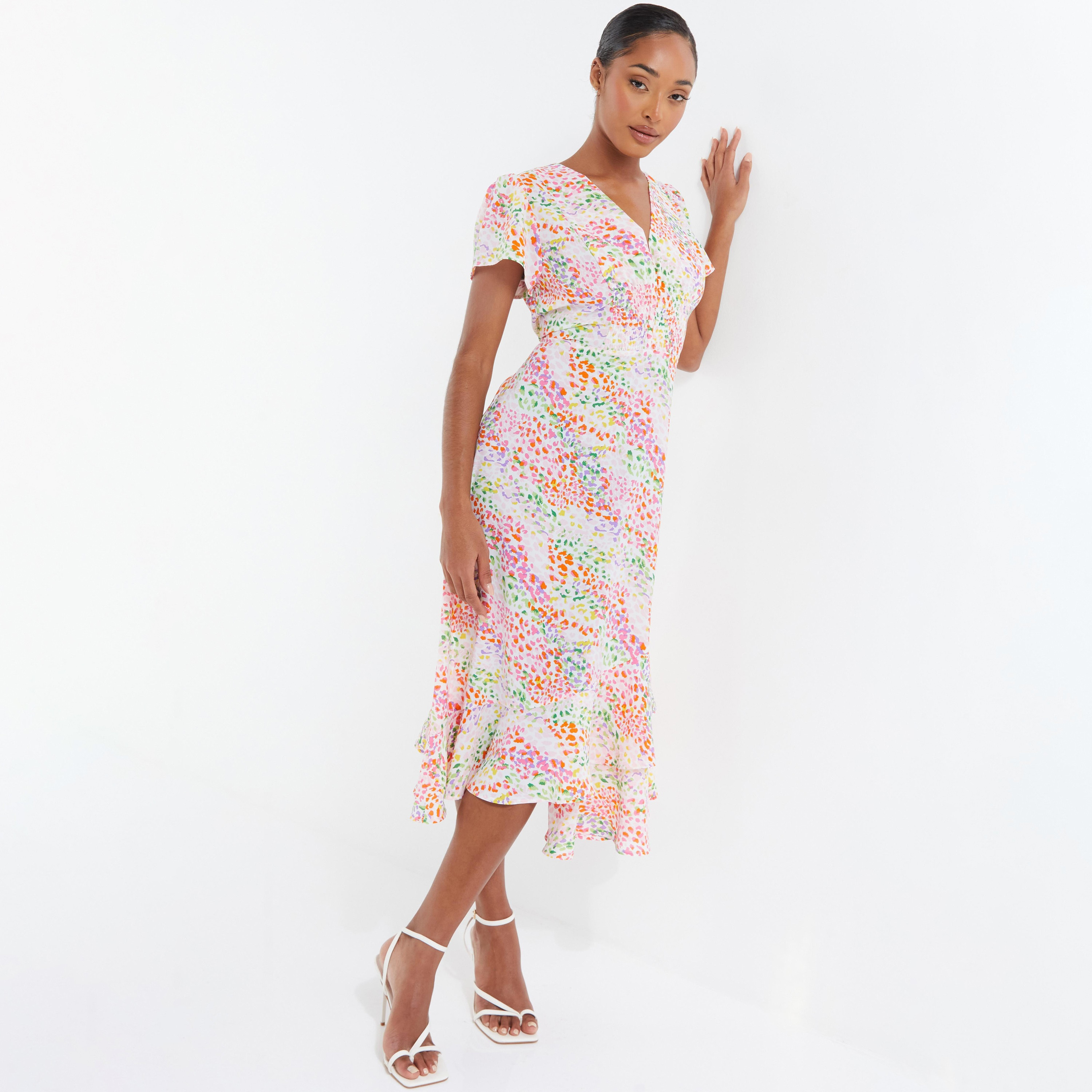  فستان متوسط الطول غير متماثل برقبة على شكل وى مطبوعة من كويز-women-clothing-dresses-image-2