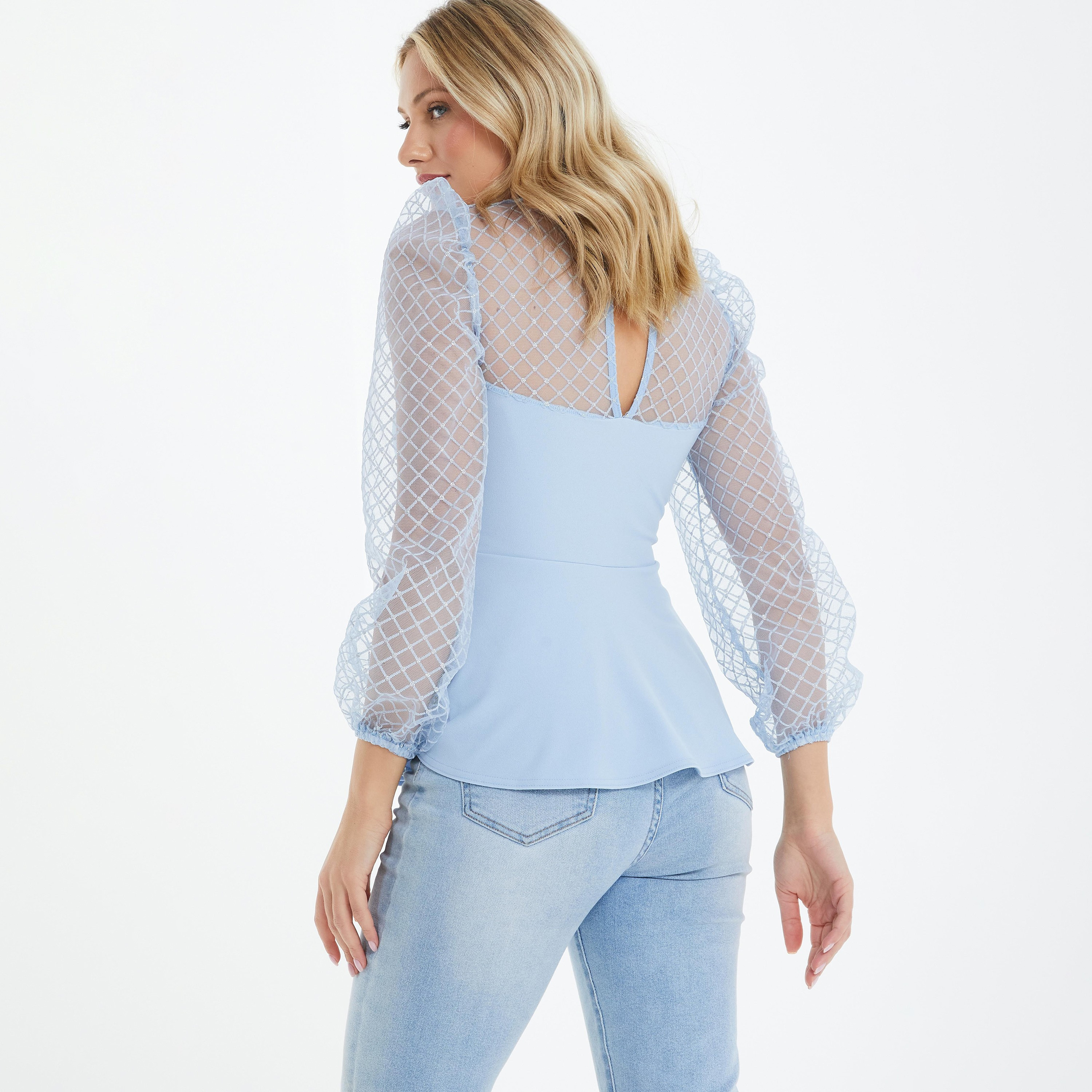 Quiz Embellished Round Neck Puff Sleeves Peplum Top-women-clothing-shirtsandblouses-blouses-image-4