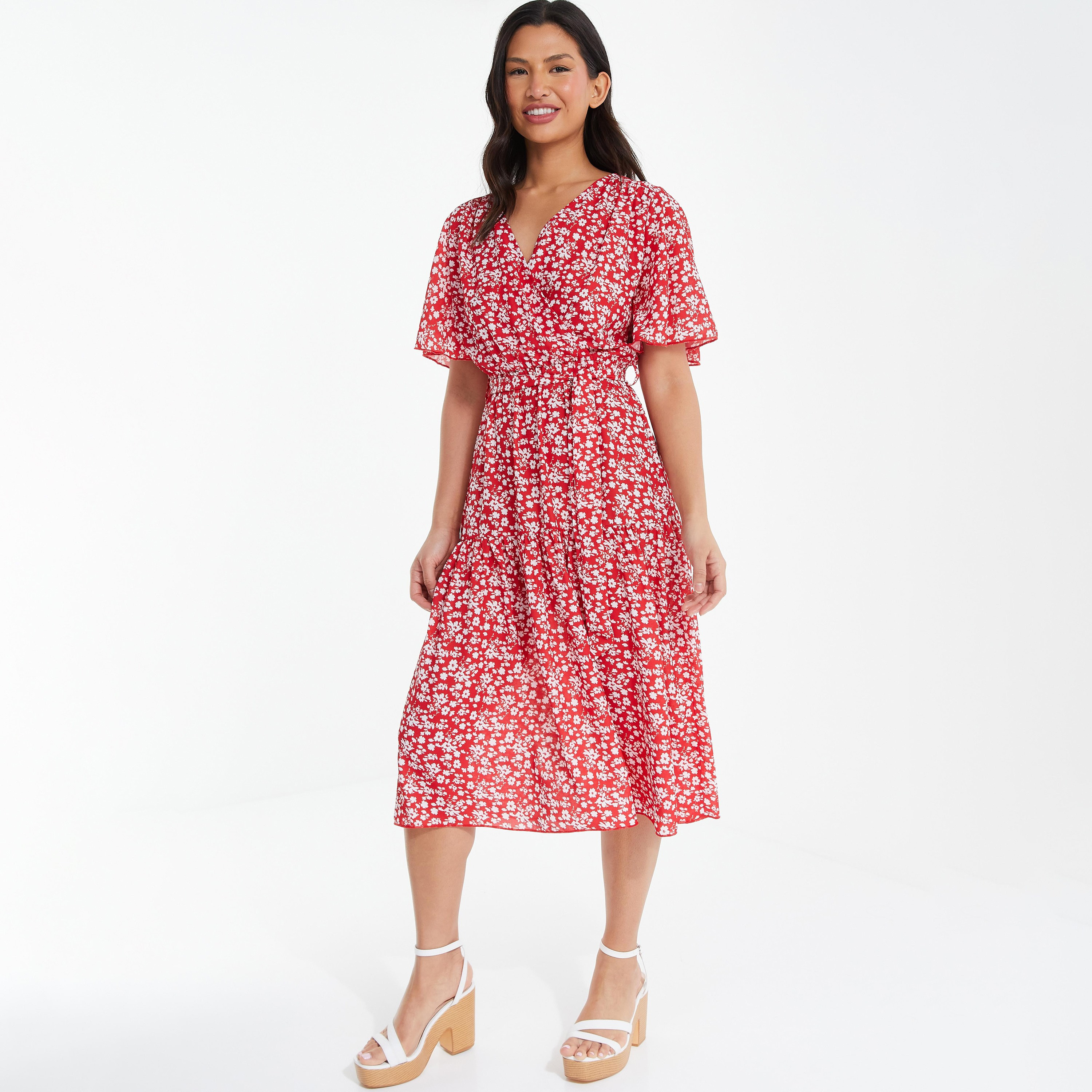  فستان متوسط الطول ملفوف برقبة على شكلV بطبعة الزهور من كويز-women-clothing-dresses-image-1