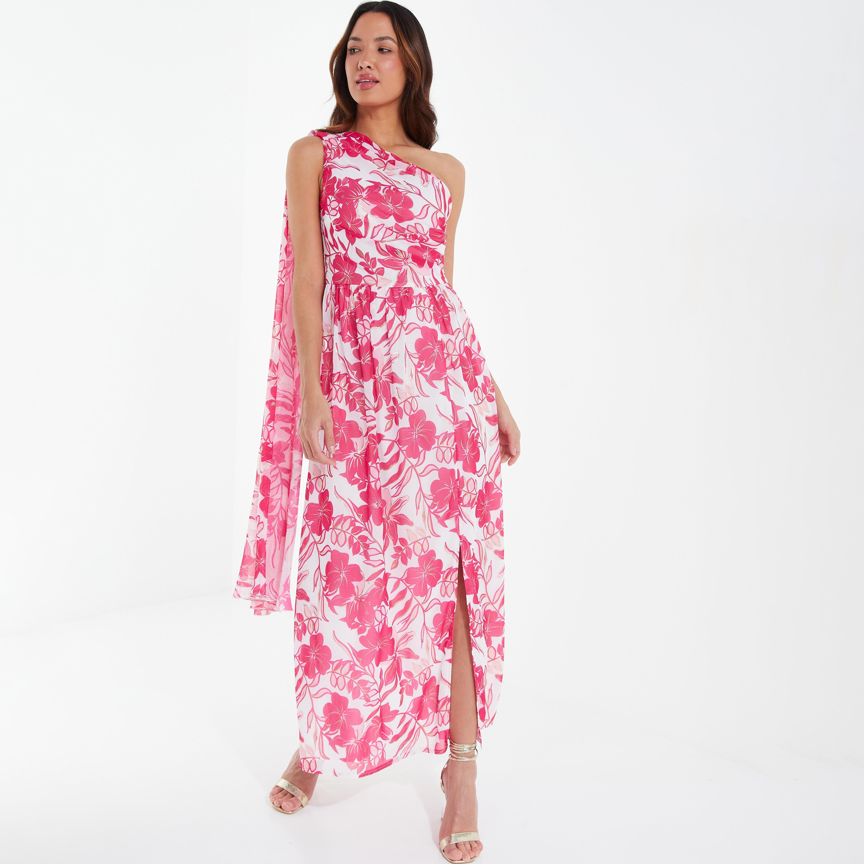 فستان ماكسي مع شق بكتف واحد مزين بالزهور من كويز-women-clothing-dresses-image-1