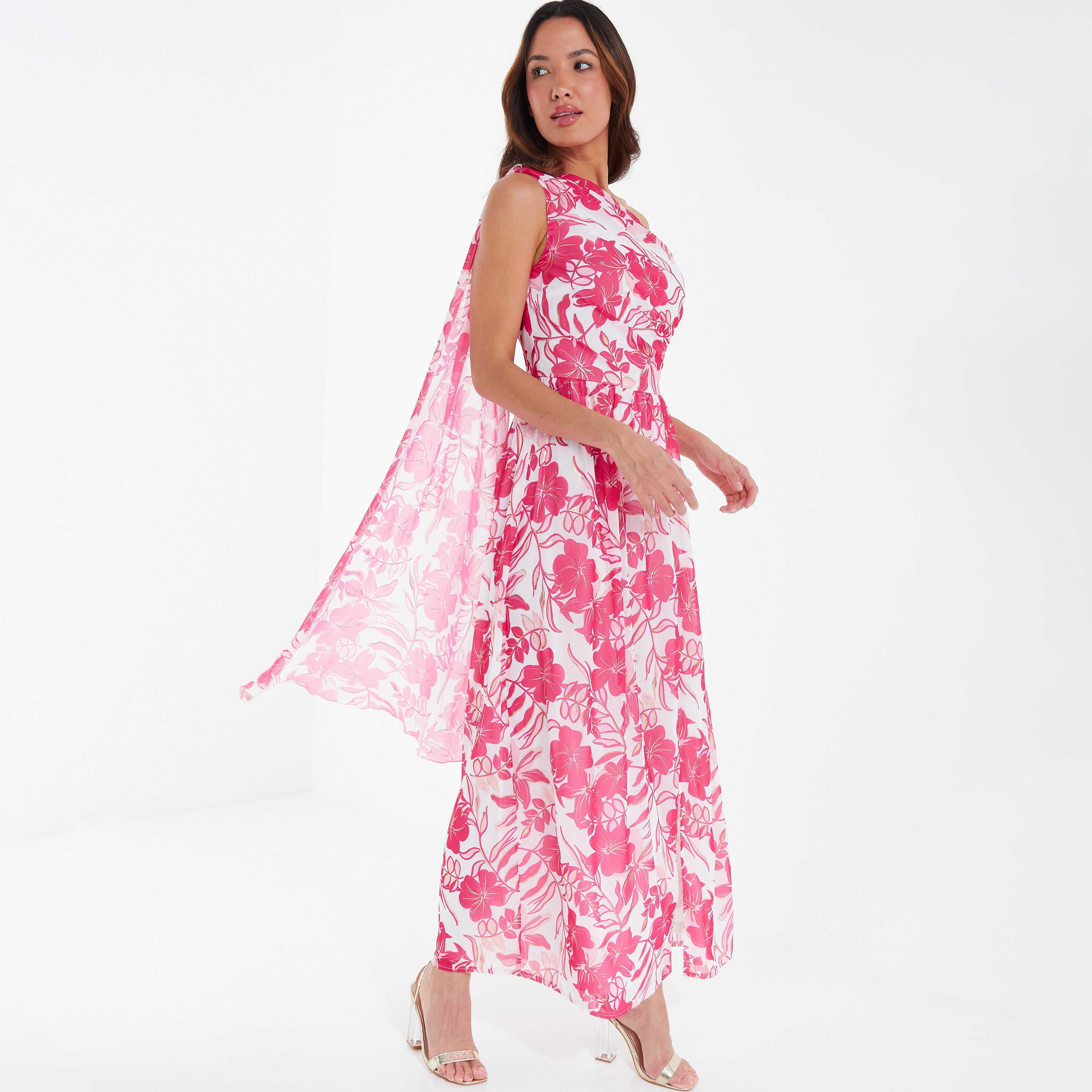  فستان ماكسي مع شق بكتف واحد مزين بالزهور من كويز-women-clothing-dresses-image-2