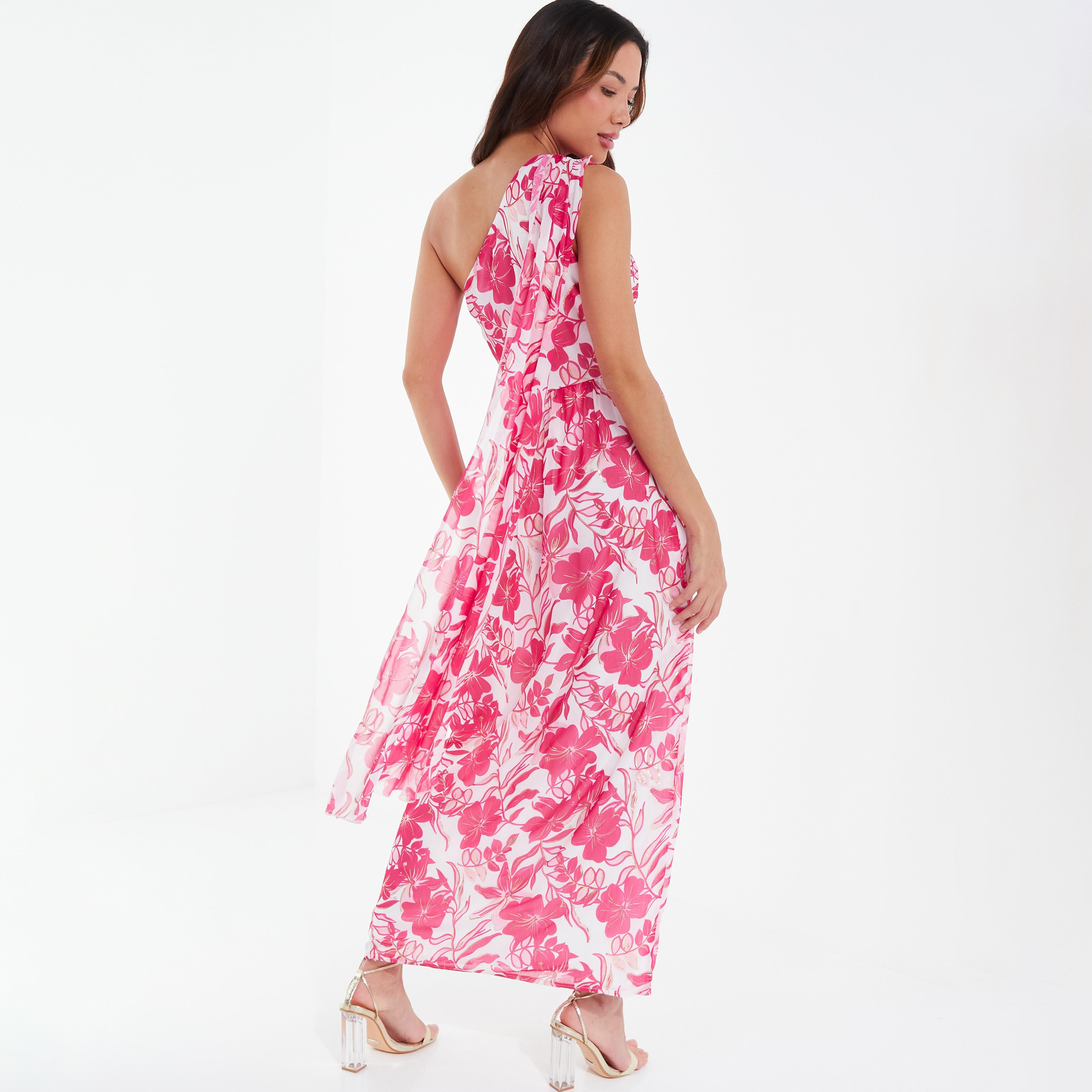  فستان ماكسي مع شق بكتف واحد مزين بالزهور من كويز-women-clothing-dresses-image-4