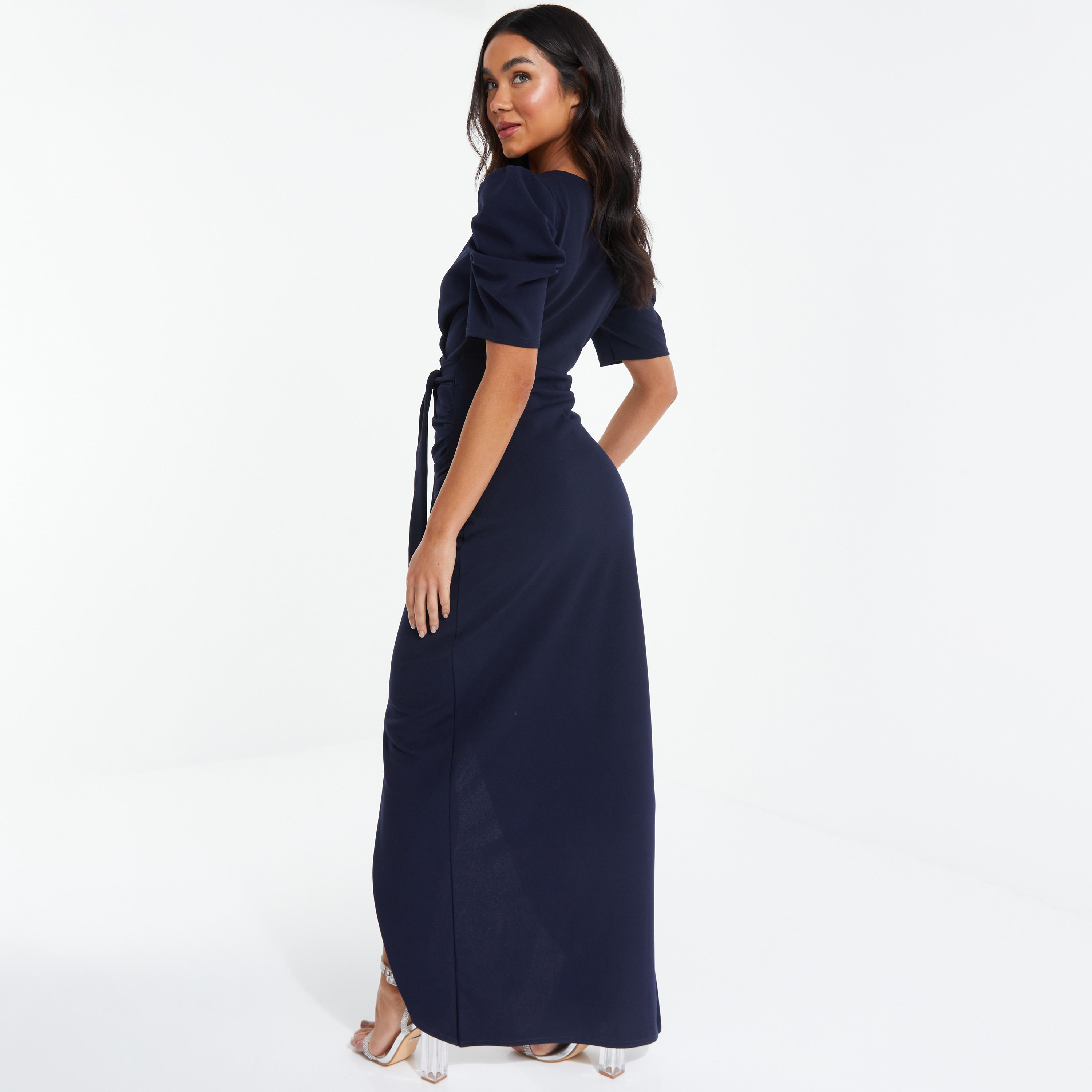  فستان ماكسي ملفوف برقبة على شكل وى سادة من كويز-women-clothing-dresses-image-4