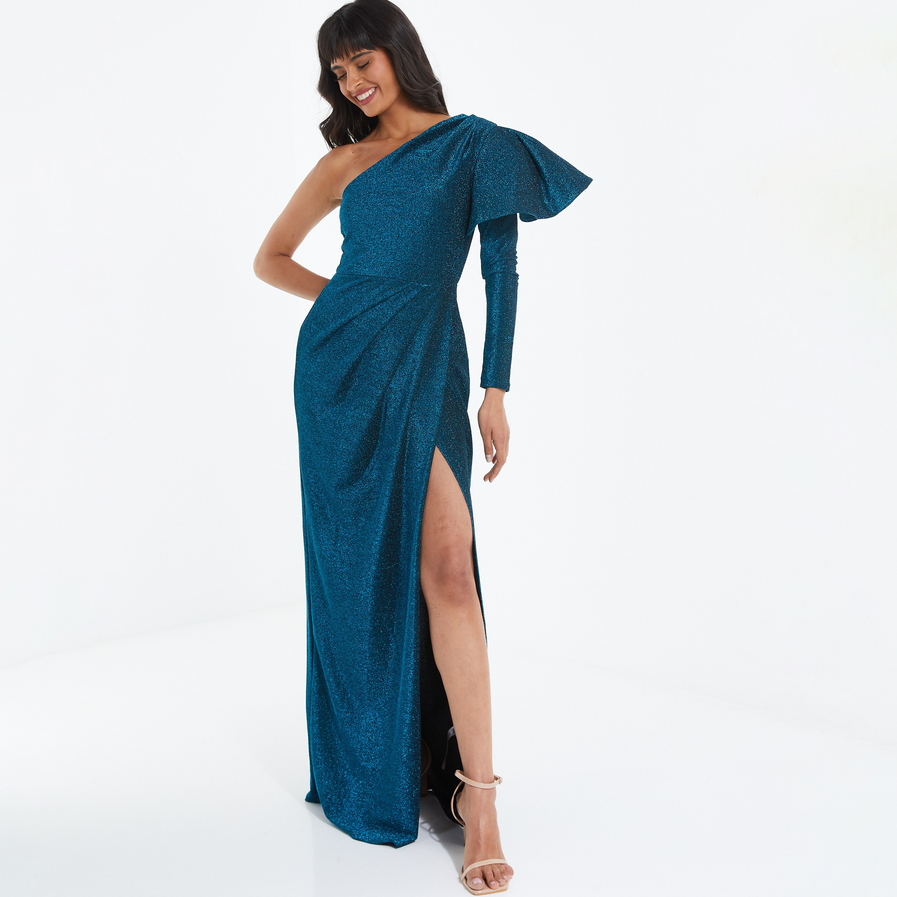 فستان ماكسي بشق ذو جليتر وبكتف واحد من كويز-women-clothing-dresses-image-1
