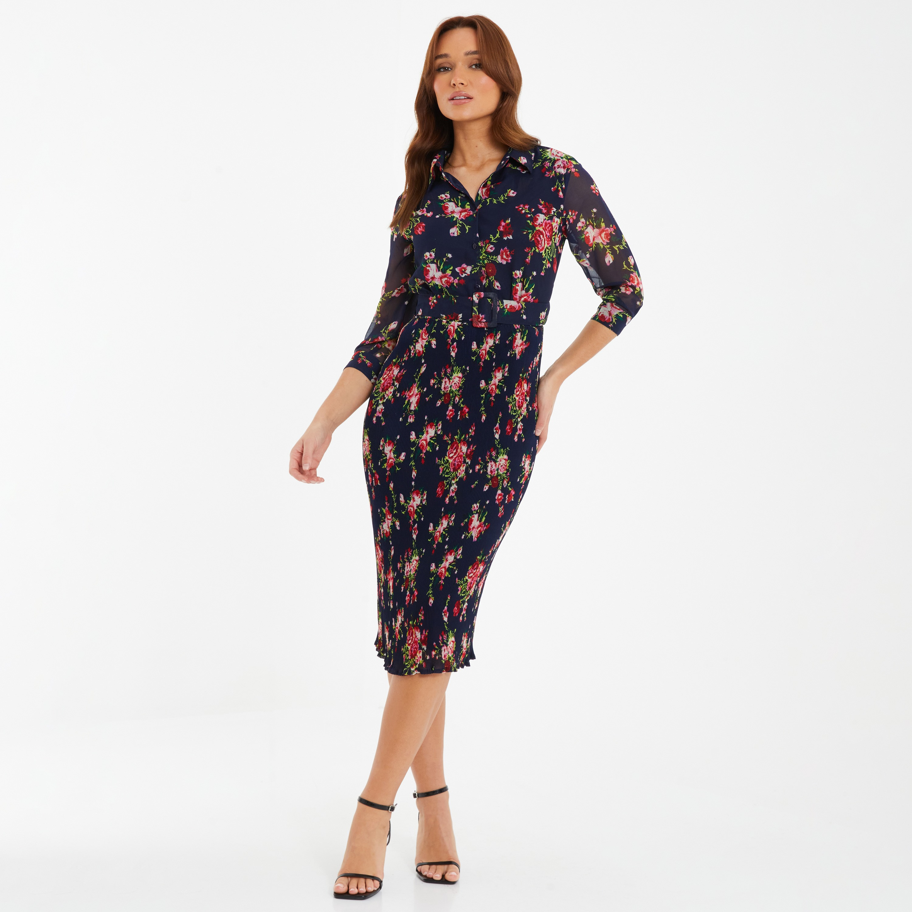 فستان متوسط الطول مطبوع بالزهور برقبة القميص من كويز -women-clothing-dresses-image-1