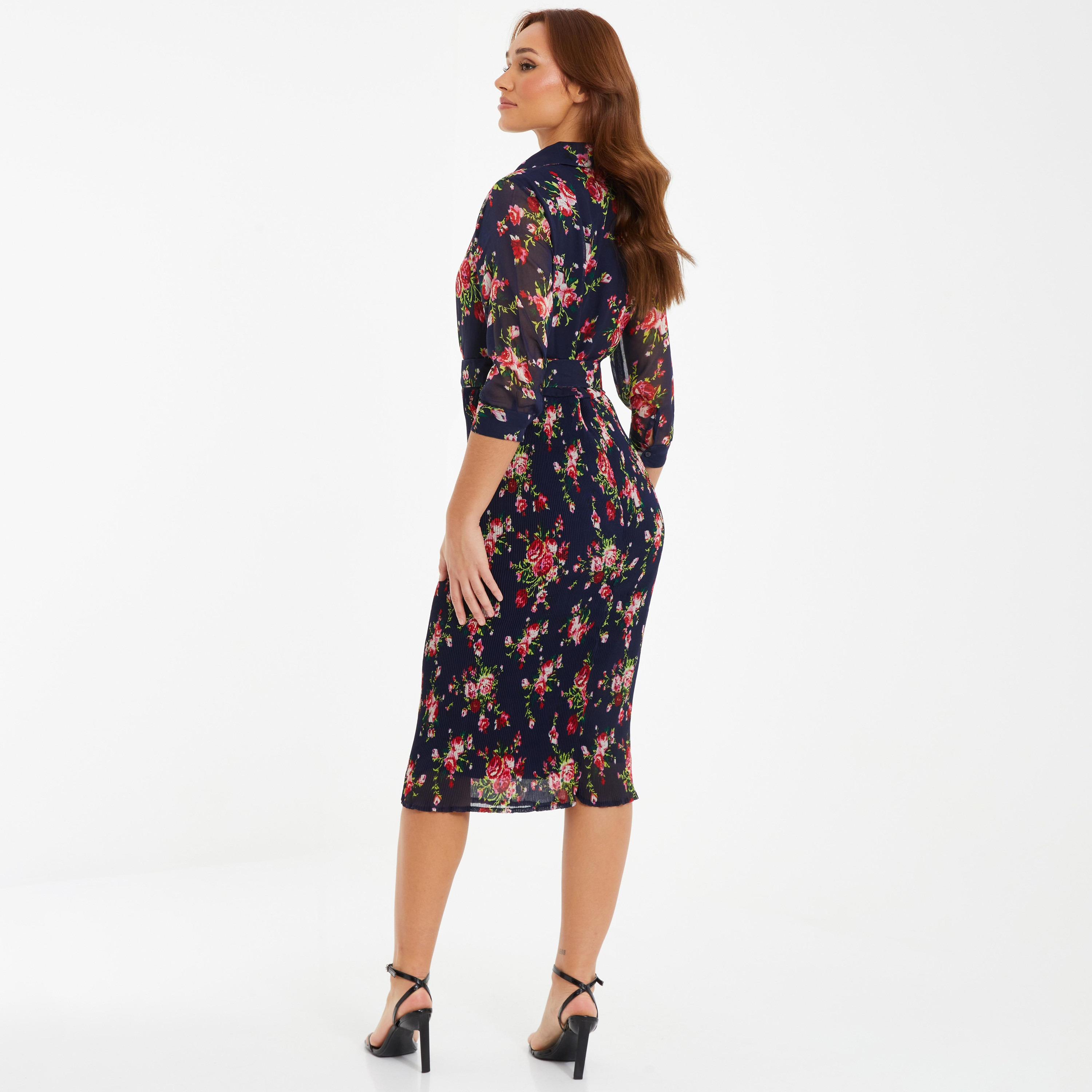 فستان متوسط الطول مطبوع بالزهور برقبة القميص من كويز -women-clothing-dresses-image-4
