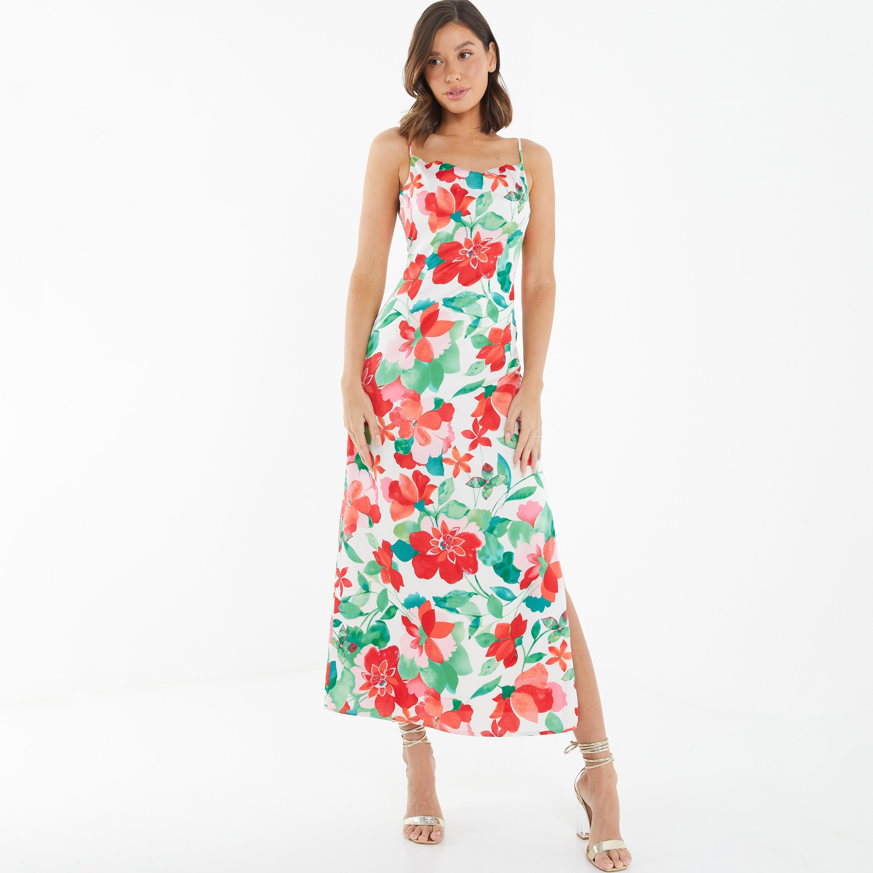  فستان متوسط الطول بفتحة رقبة متدلية وطبعة زهور من كويز-women-clothing-dresses-image-1