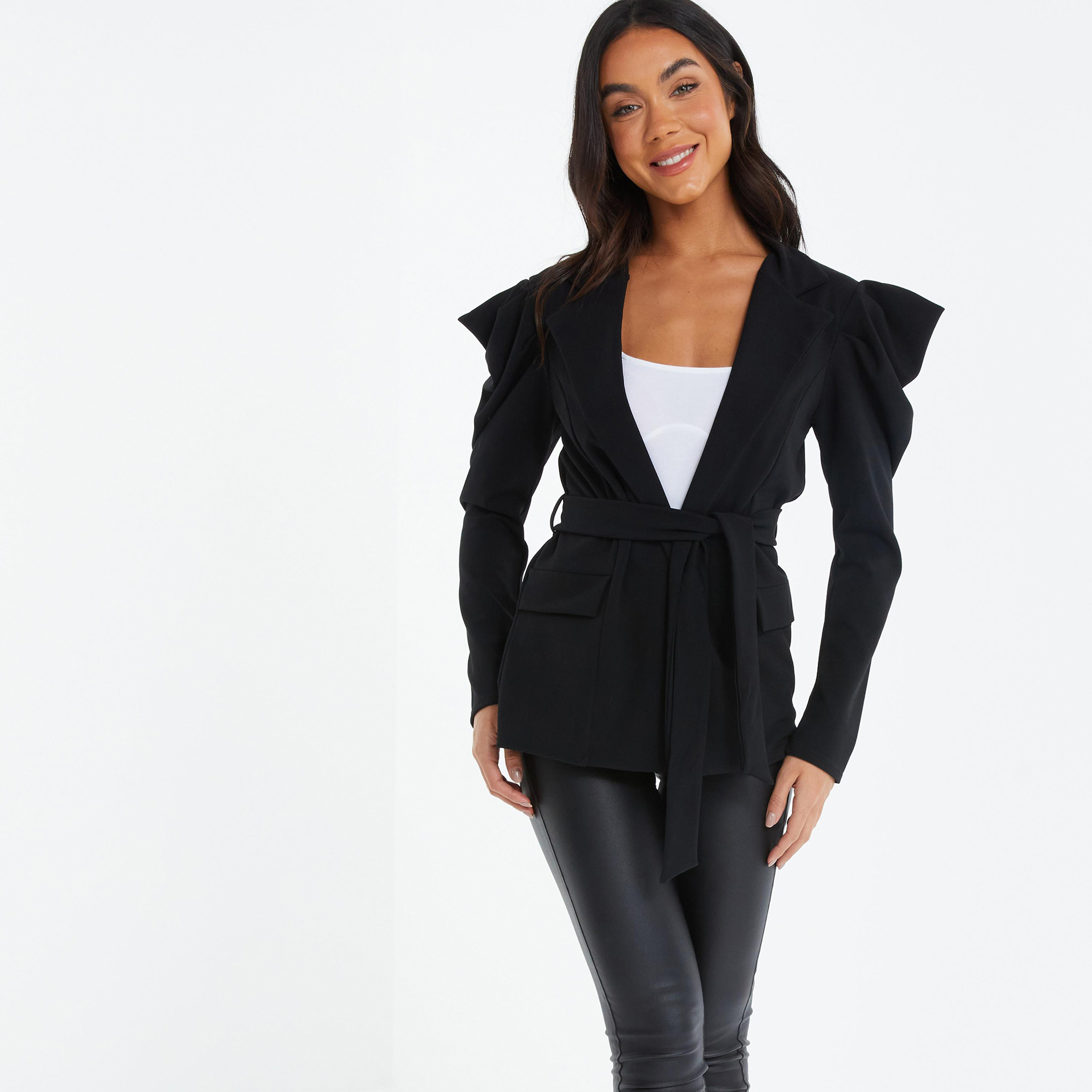 Quiz Plain Front Open Puff Sleeves Blazer-women-clothing-coatsandjackets-blazers-image-1