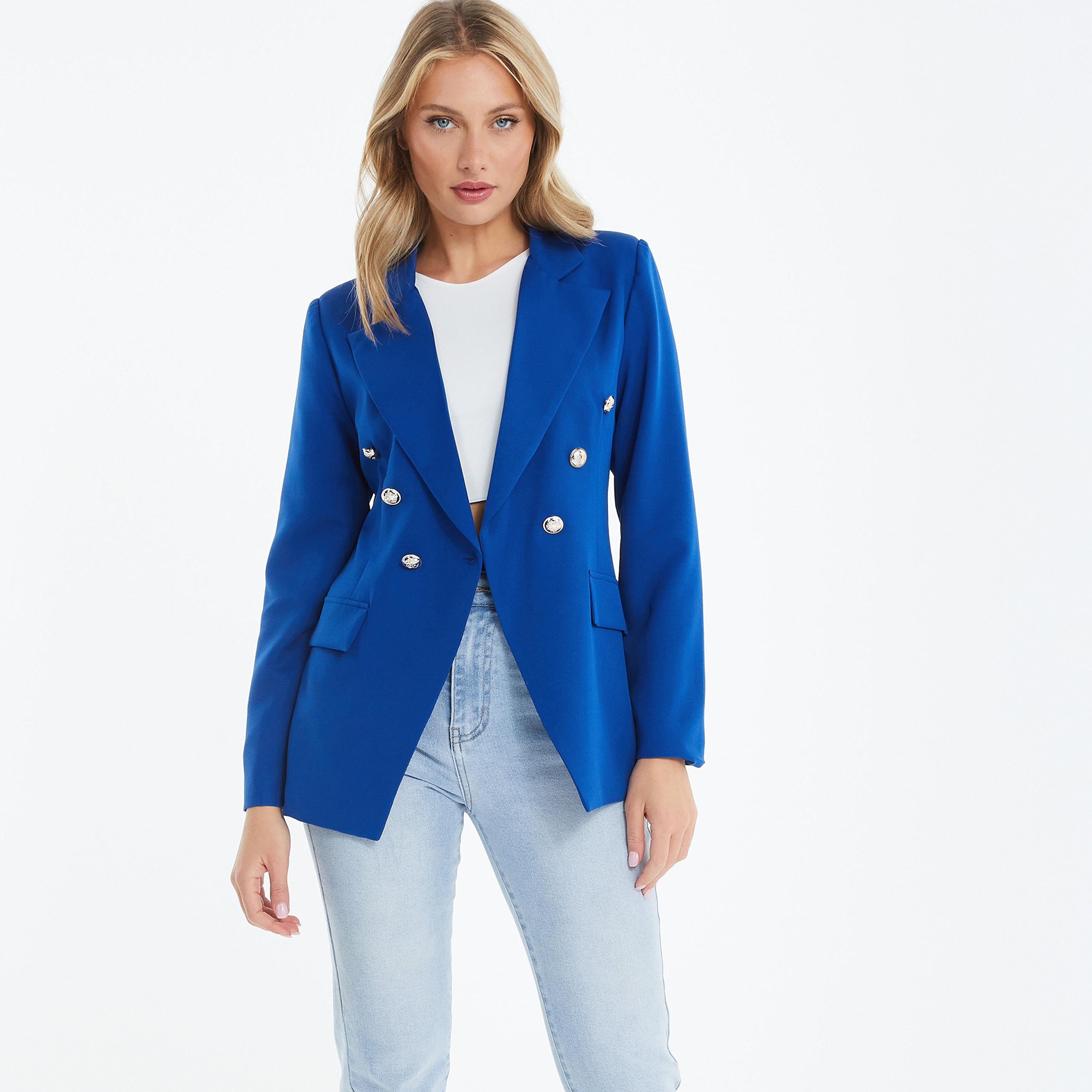  جاكيت بليزر بأكمام طويلة وطية صدر سادة من كويز-women-clothing-coatsandjackets-blazers-image-1