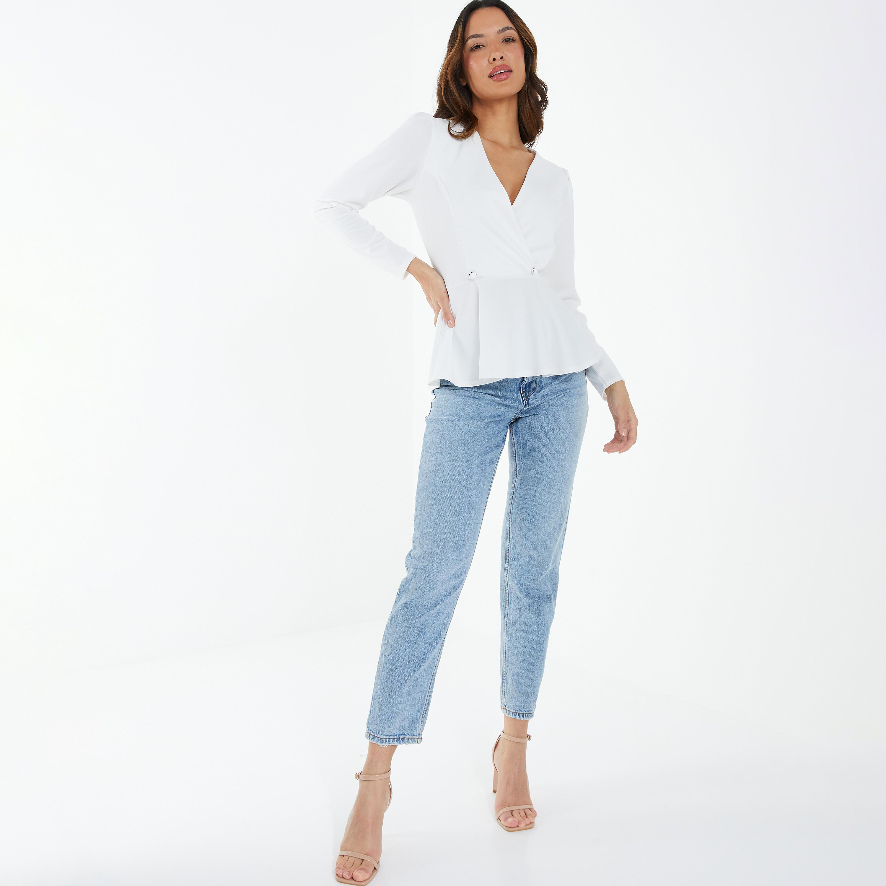 Quiz Plain V-Neck Long Sleeves Peplum Top-women-clothing-shirtsandblouses-blouses-image-2