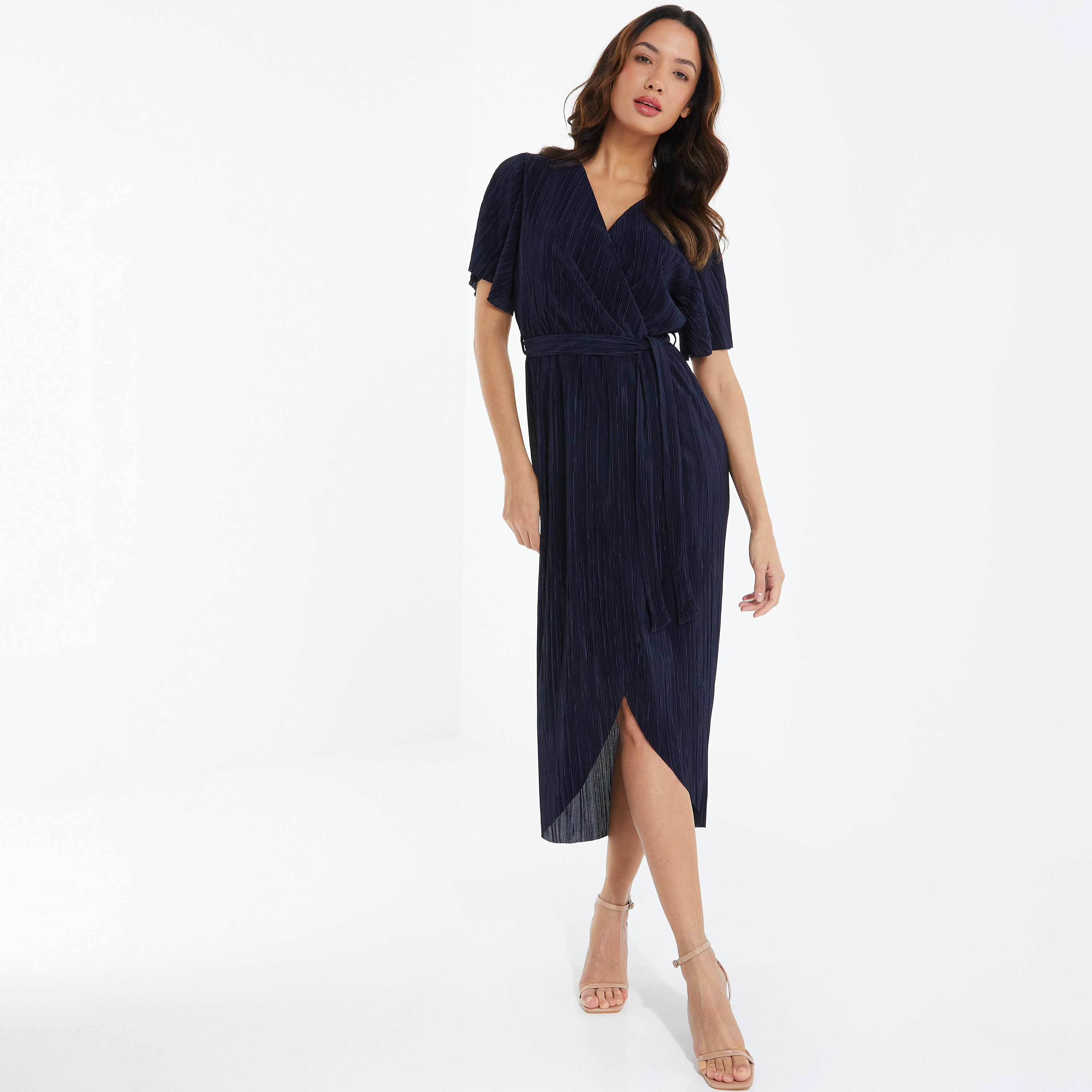  فستان متوسط الطول ملفوف مزخرفة برقبة على شكلV من كويز-women-clothing-dresses-image-1