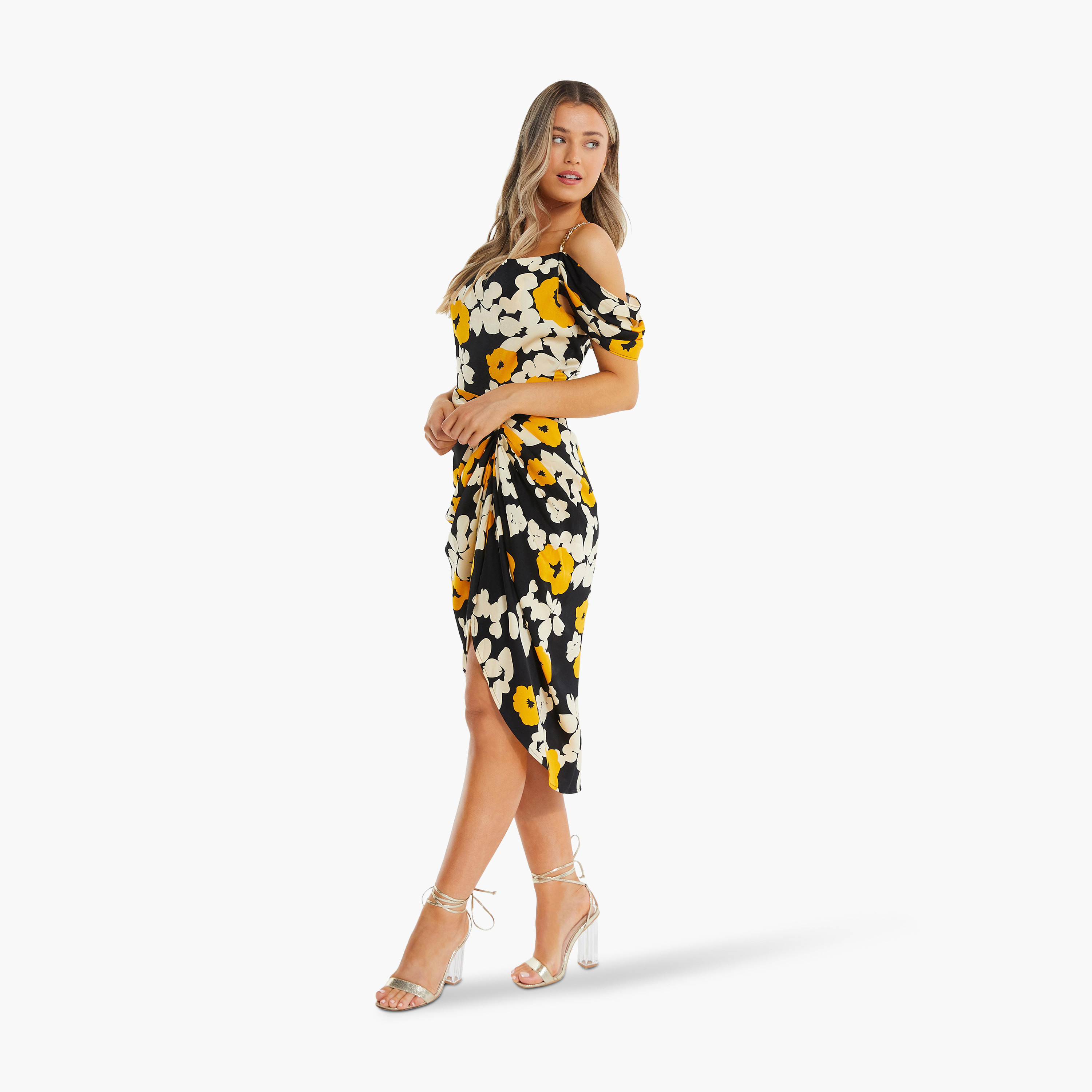 Quiz Black and Mustard Floral Satin Cold Shoulder Evening Dress-women-clothing-dresses-image-3