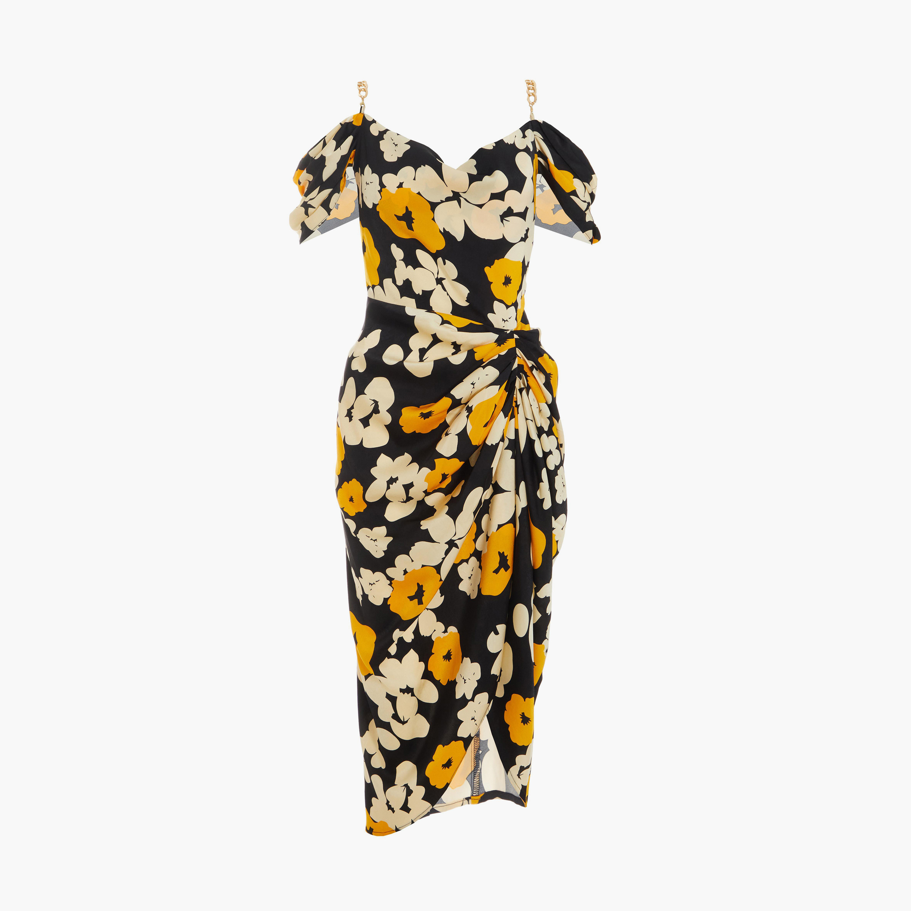 Quiz Black and Mustard Floral Satin Cold Shoulder Evening Dress-women-clothing-dresses-image-5