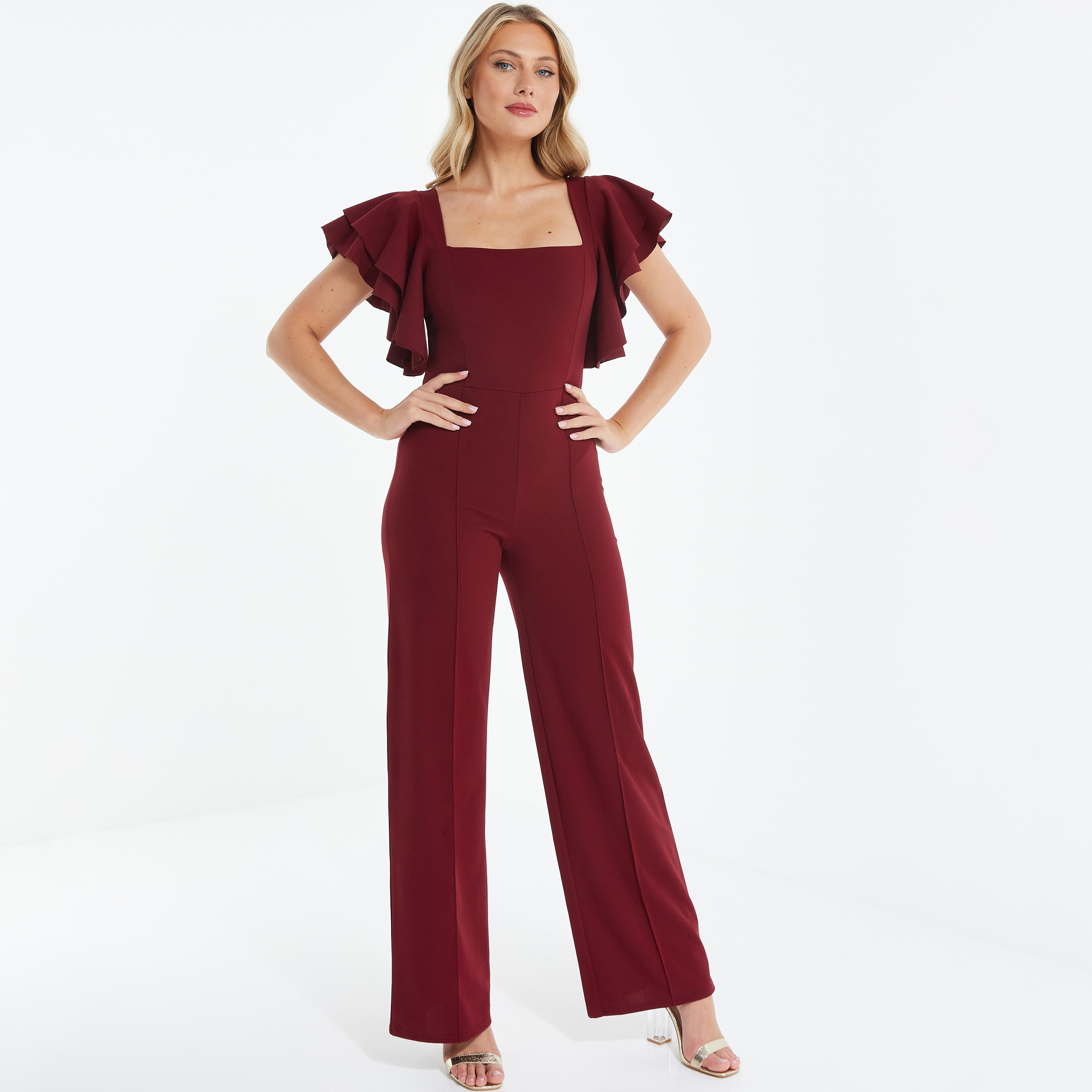 Quiz Plain Square Neck Ruffled Sleeves Jumpsuit-women-clothing-dresses-image-1
