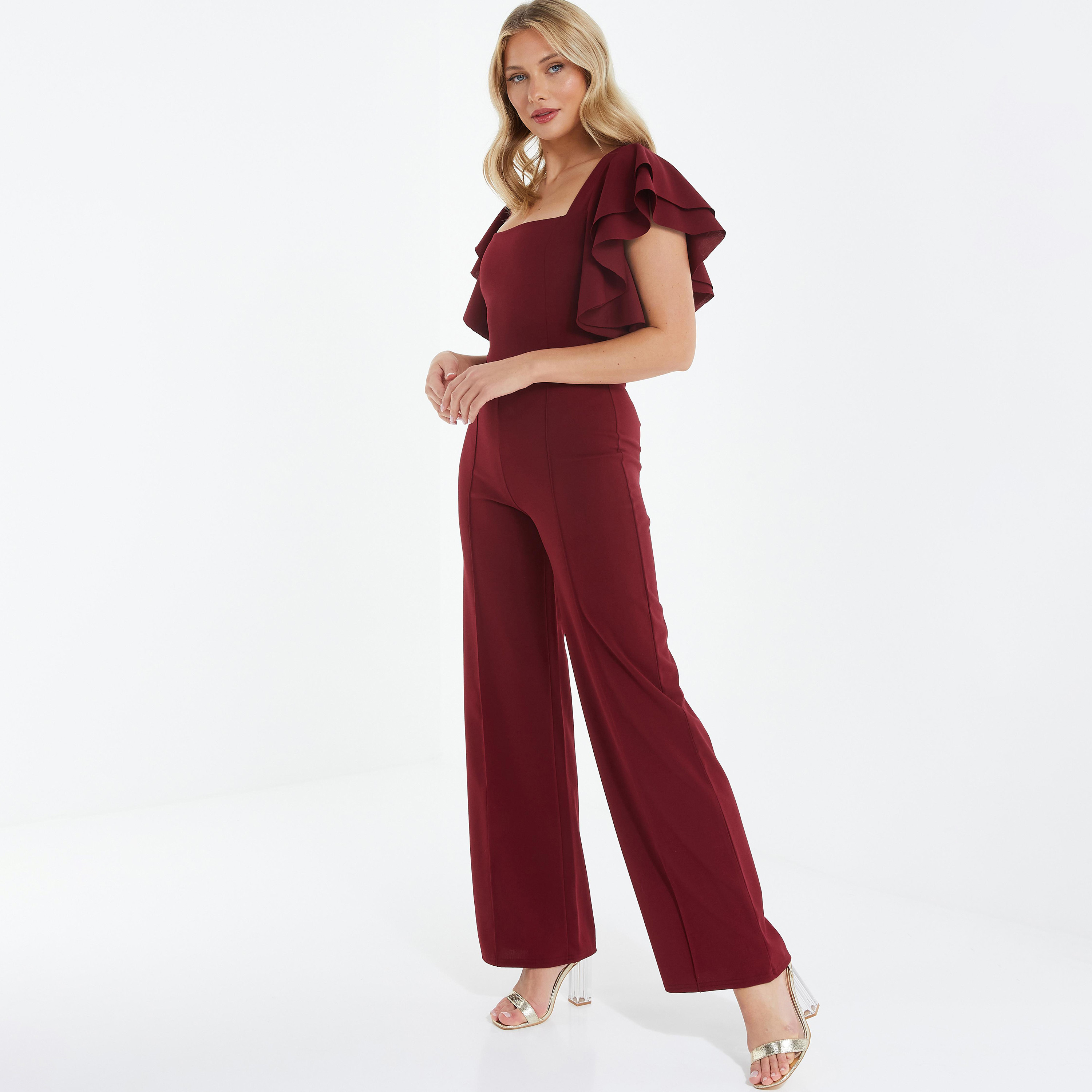  جمبسوت بياقة مربعة وأكمام مكشكشة سادة من كويز-women-clothing-dresses-image-2