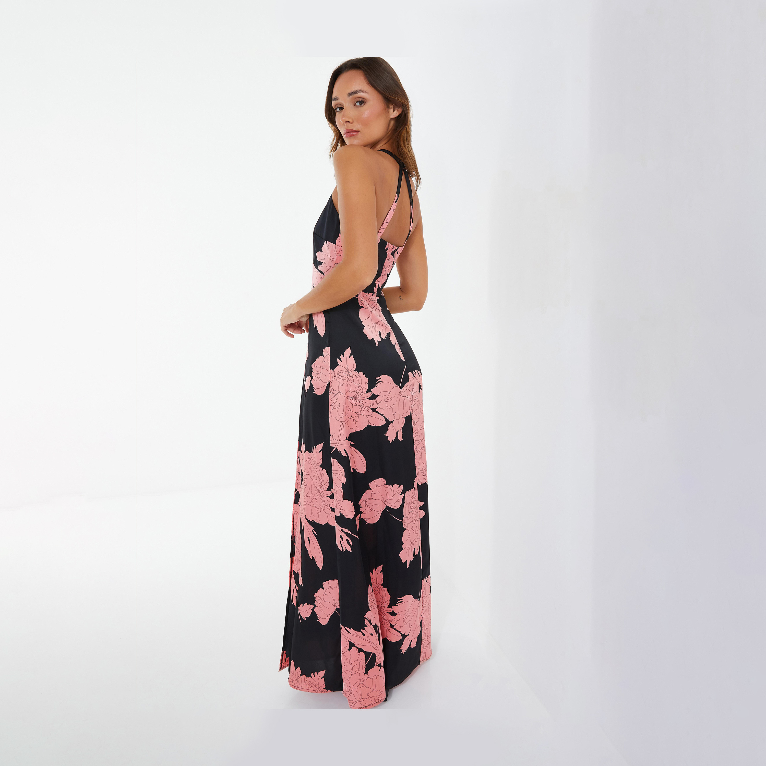 Quiz Black/Blush Satin Floral Halter Neck Maxi Evening Dress-women-clothing-dresses-image-2