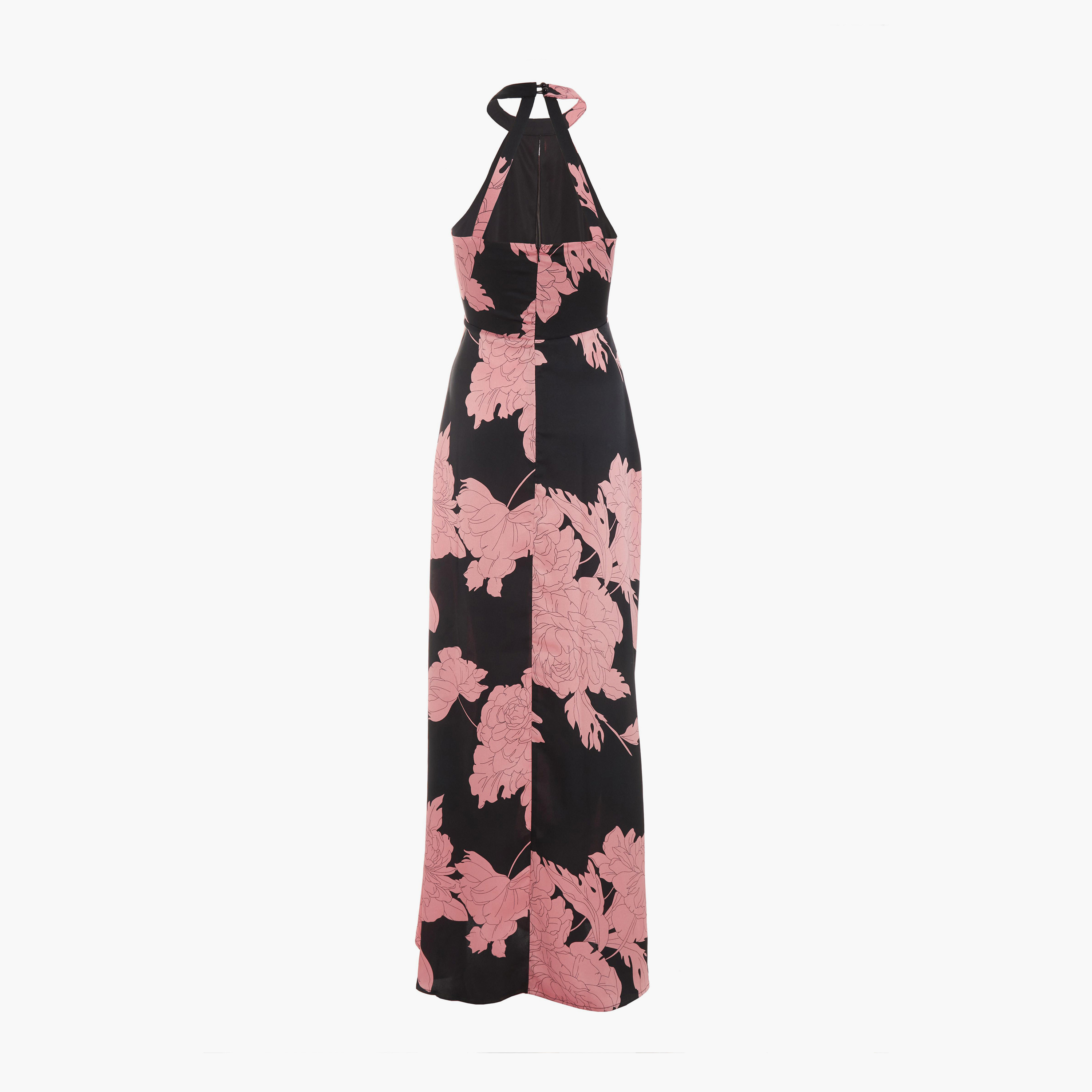 Quiz Black/Blush Satin Floral Halter Neck Maxi Evening Dress-women-clothing-dresses-image-6