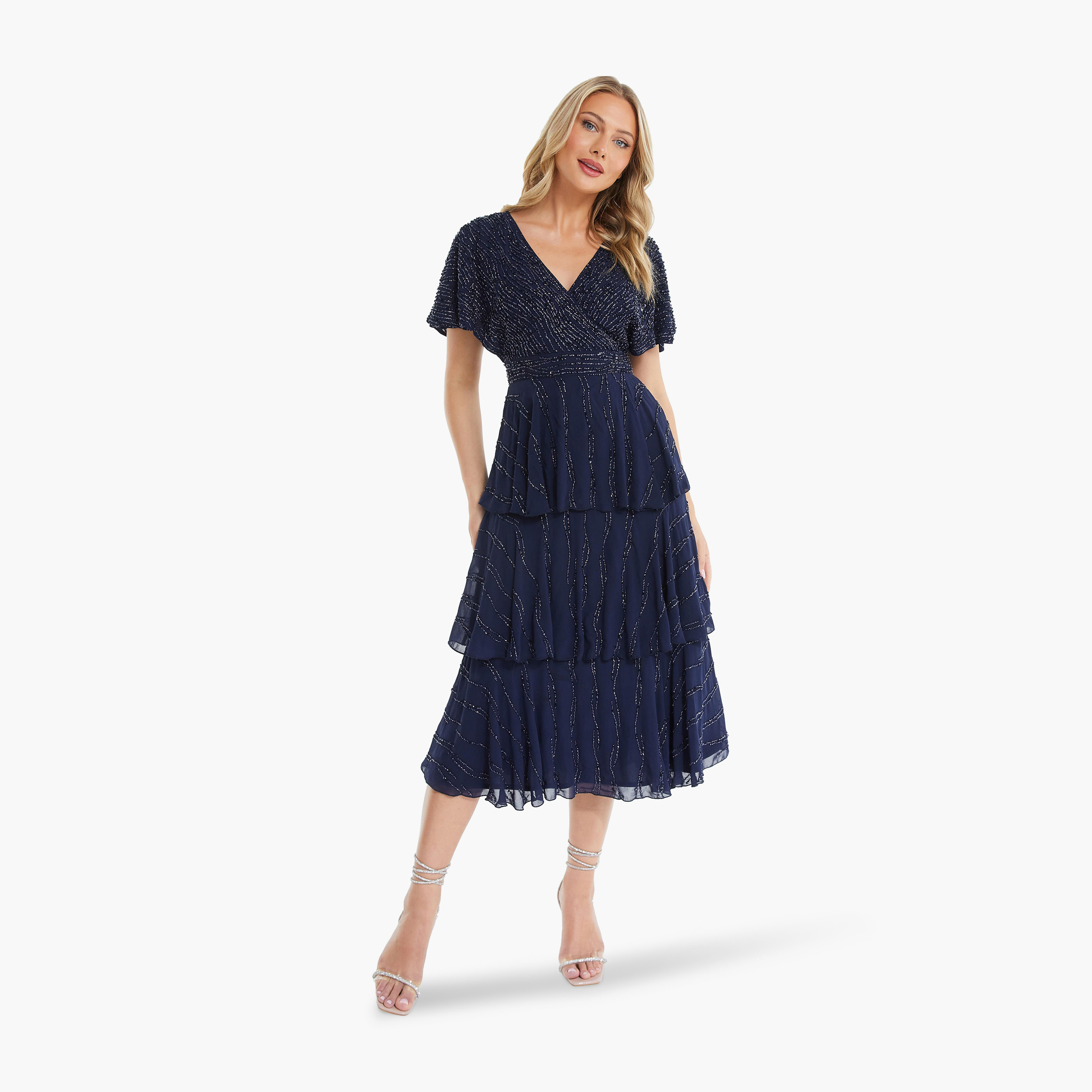 Quiz Navy Embroidered Wrap Half Sleeve Tiered Midi Evening Dress-women-clothing-dresses-image-1
