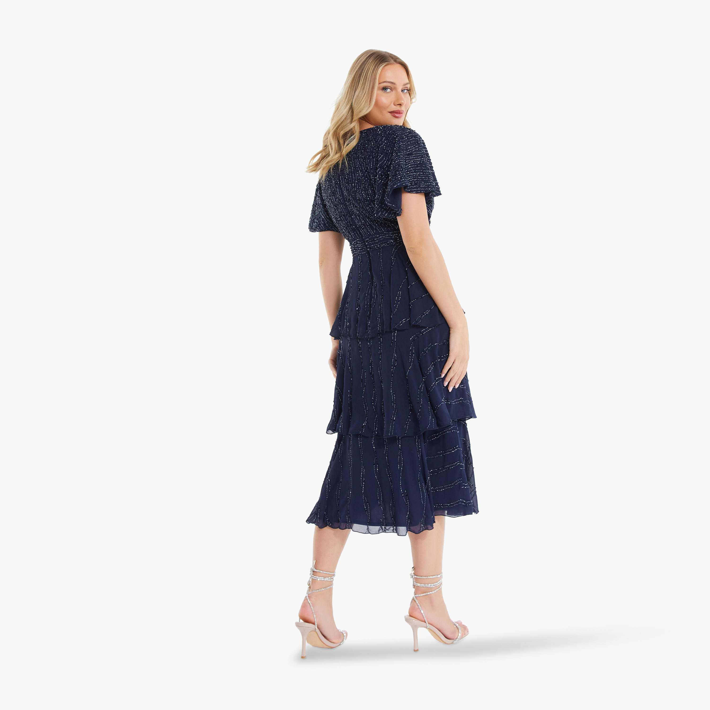 Quiz Navy Embroidered Wrap Half Sleeve Tiered Midi Evening Dress-women-clothing-dresses-image-2