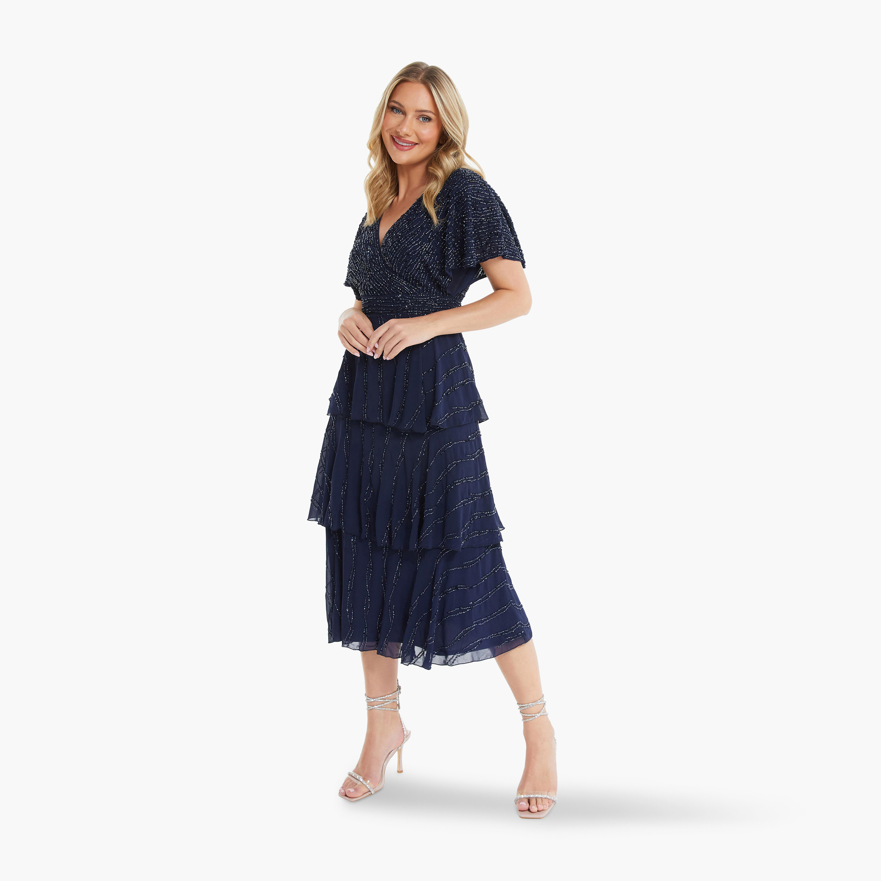 Quiz Navy Embroidered Wrap Half Sleeve Tiered Midi Evening Dress-women-clothing-dresses-image-3
