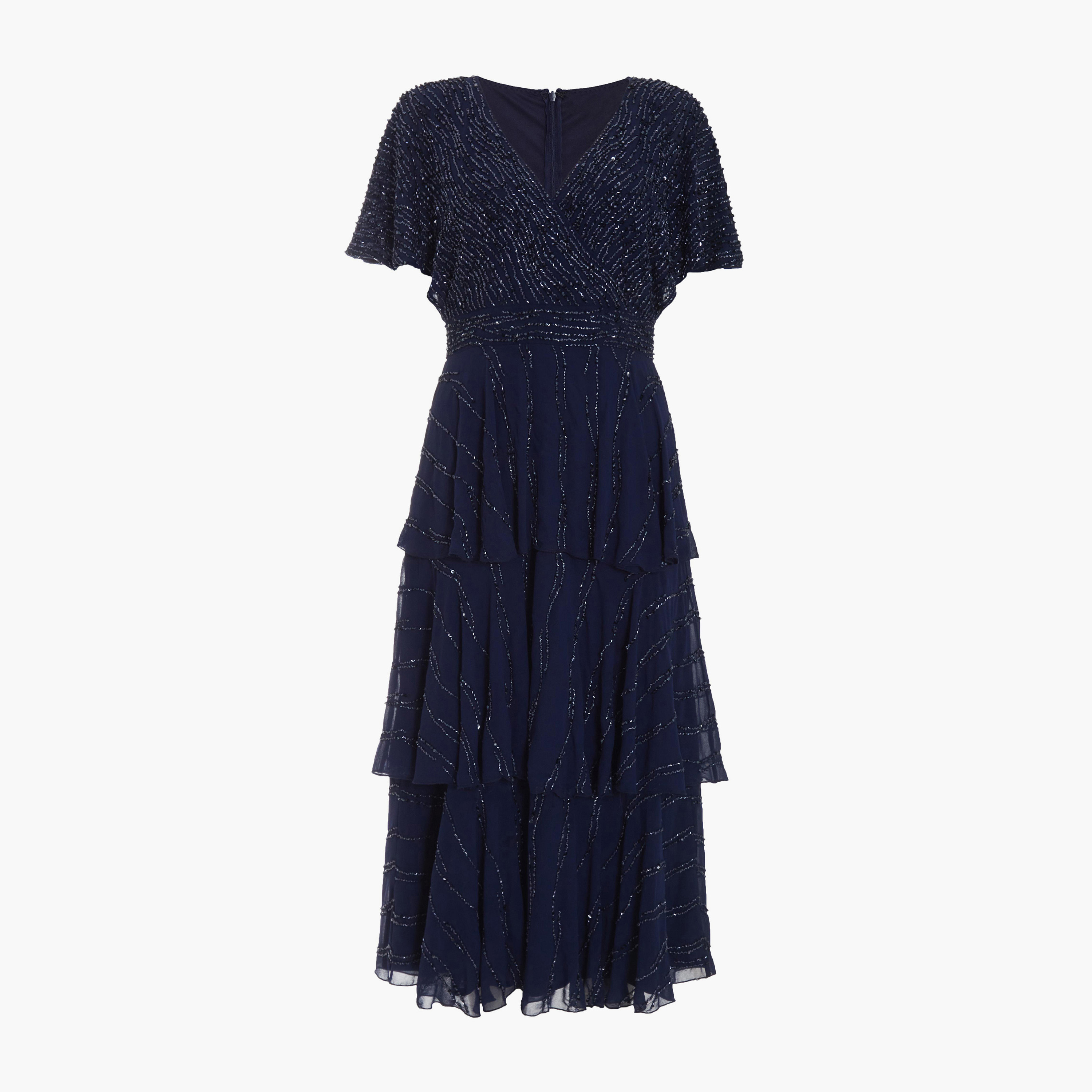 Quiz Navy Embroidered Wrap Half Sleeve Tiered Midi Evening Dress-women-clothing-dresses-image-5