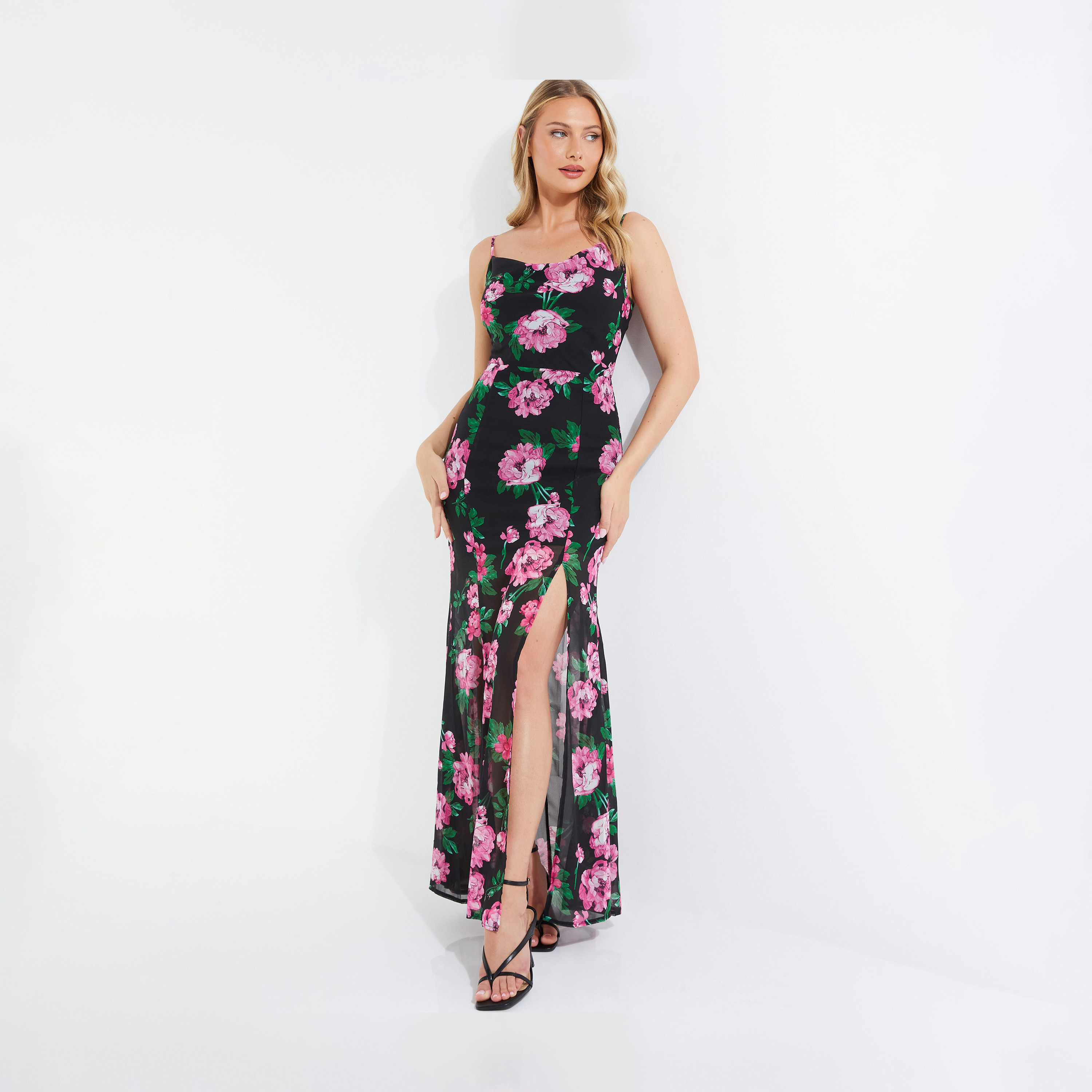 كويز-  فستان سهرة ماكسي أسود/وردي من الشيفون الوردي برقبة على شكل حرف V-women-clothing-dresses-image-1