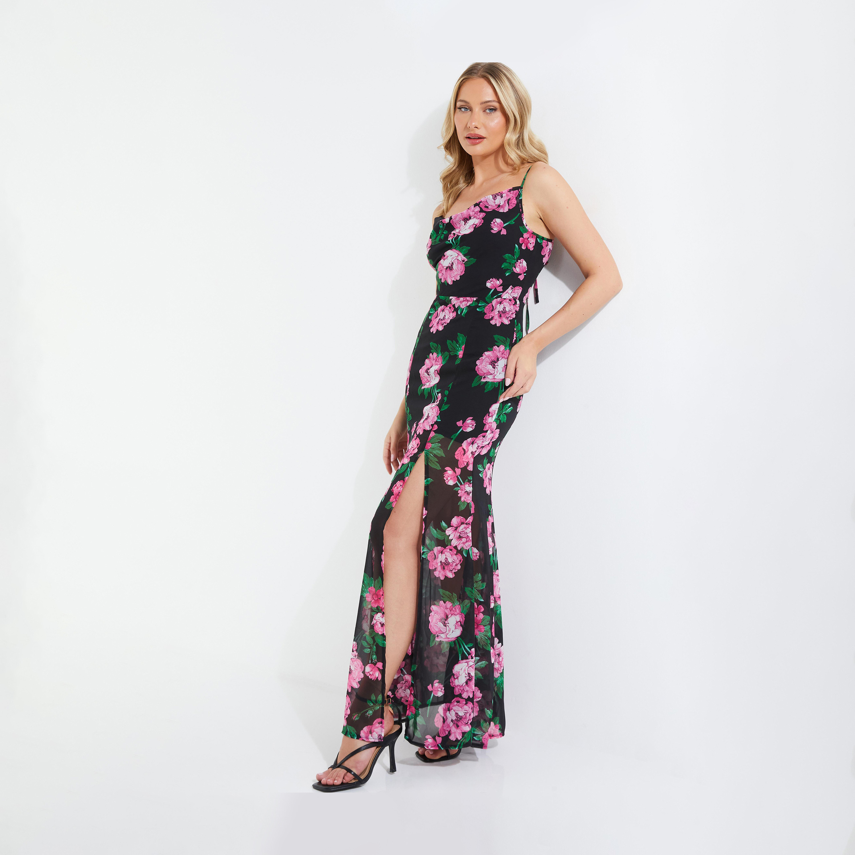 كويز-  فستان سهرة ماكسي أسود/وردي من الشيفون الوردي برقبة على شكل حرف V-women-clothing-dresses-image-3