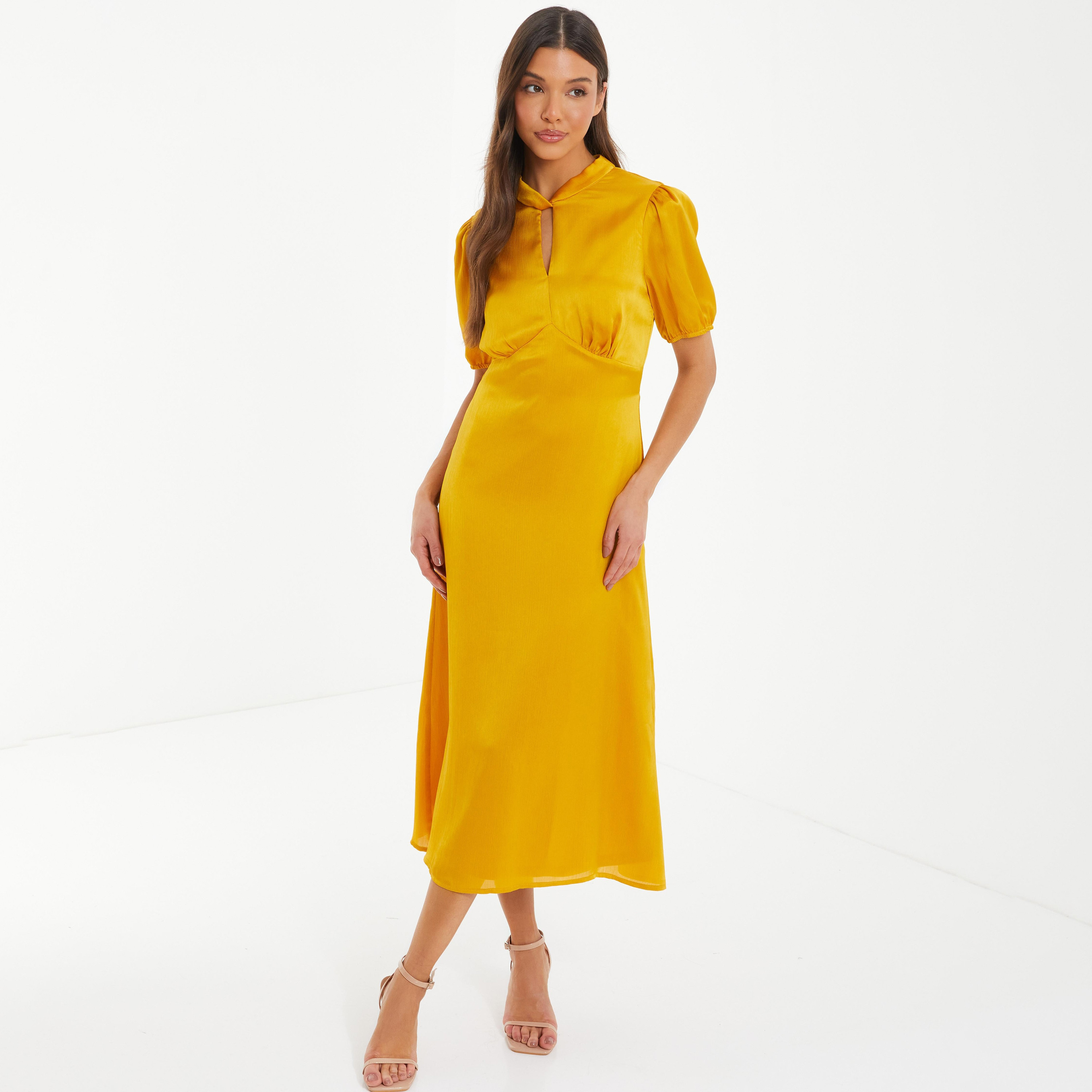 Quiz Satin Plain Keyhole Neck A-Line Midi Dress-women-clothing-dresses-image-1