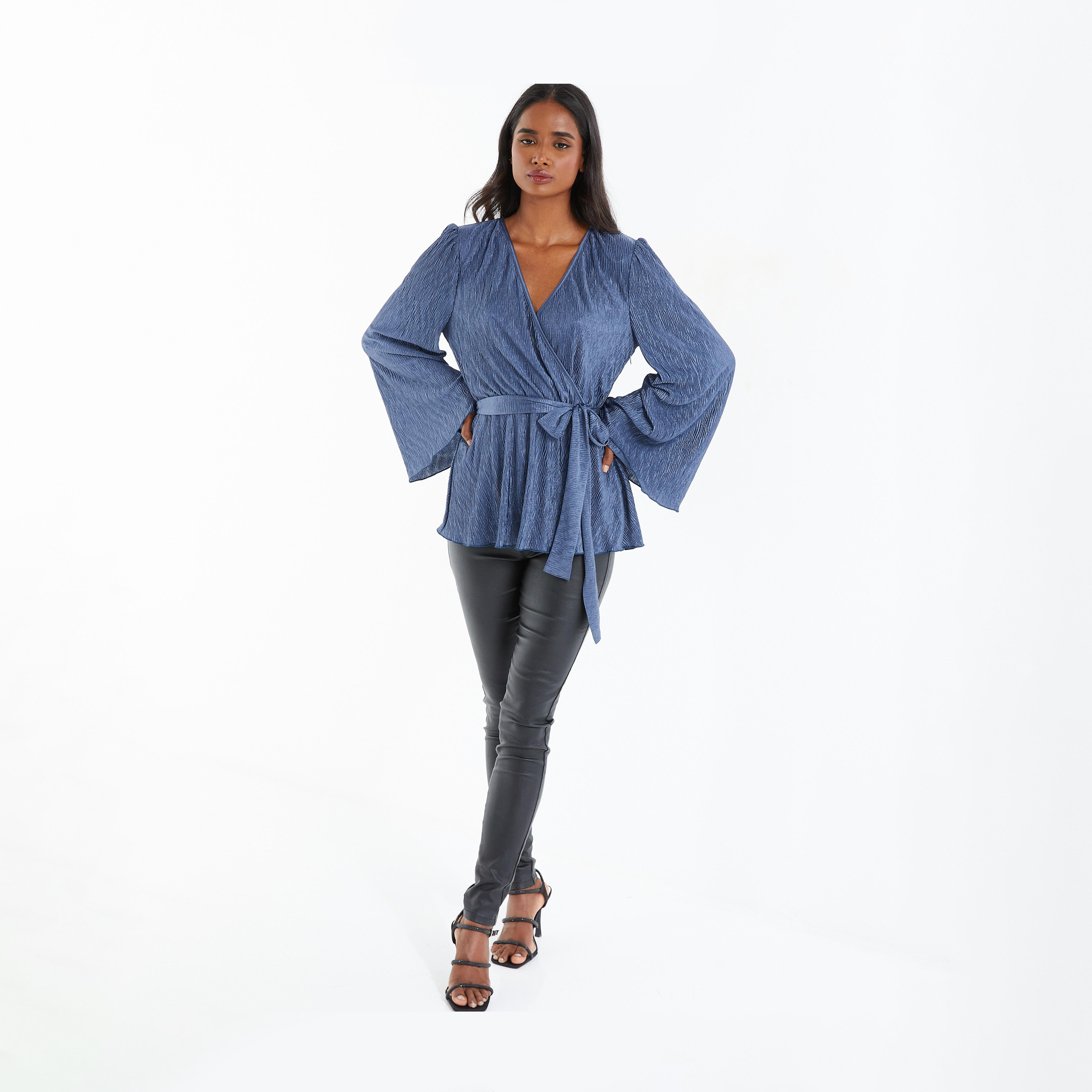 Quiz Dark Blue Plisse Wrap Long Sleeve Tie Belt Peplum Top-women-clothing-shirtsandblouses-shirts-image-1