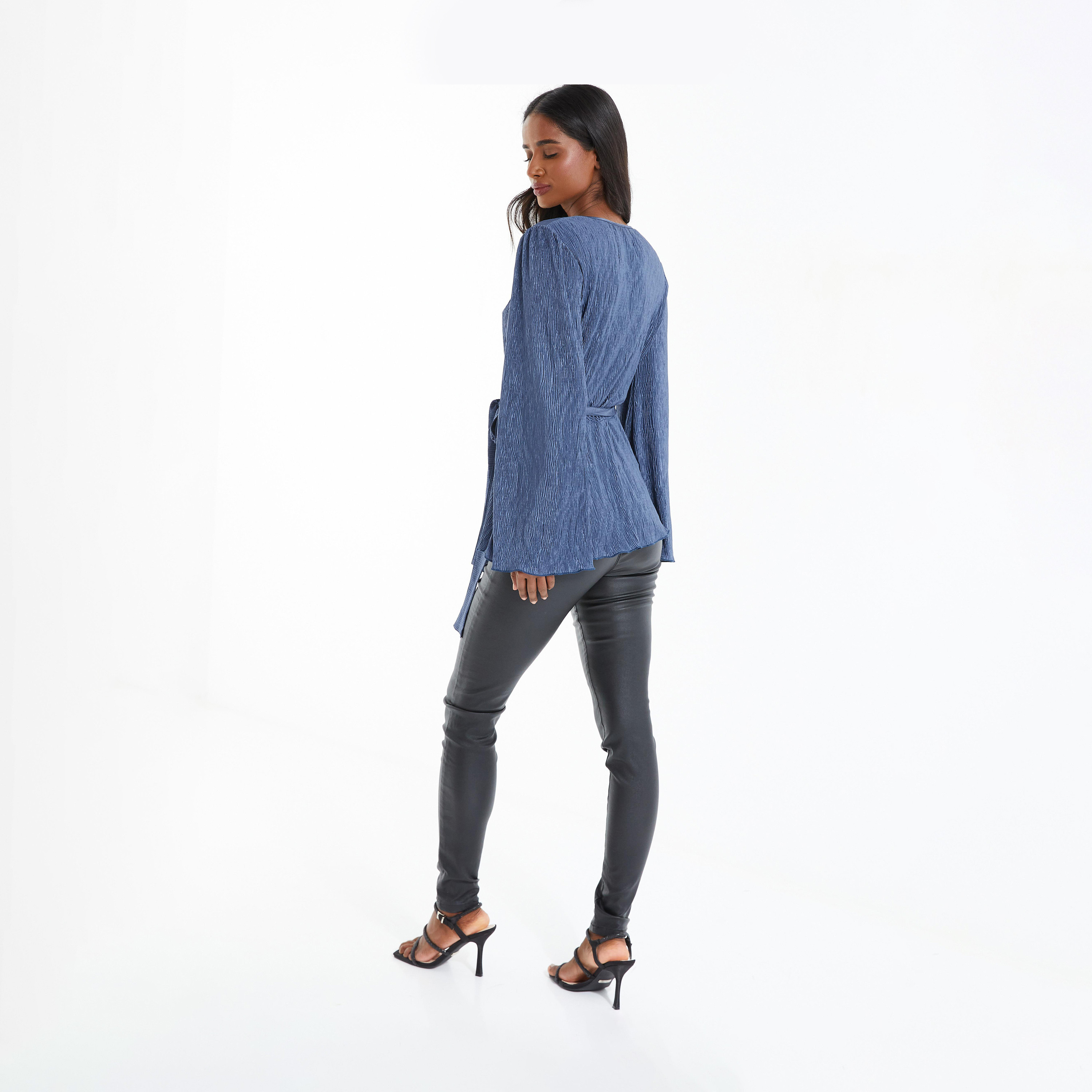 Quiz Dark Blue Plisse Wrap Long Sleeve Tie Belt Peplum Top-women-clothing-shirtsandblouses-shirts-image-2