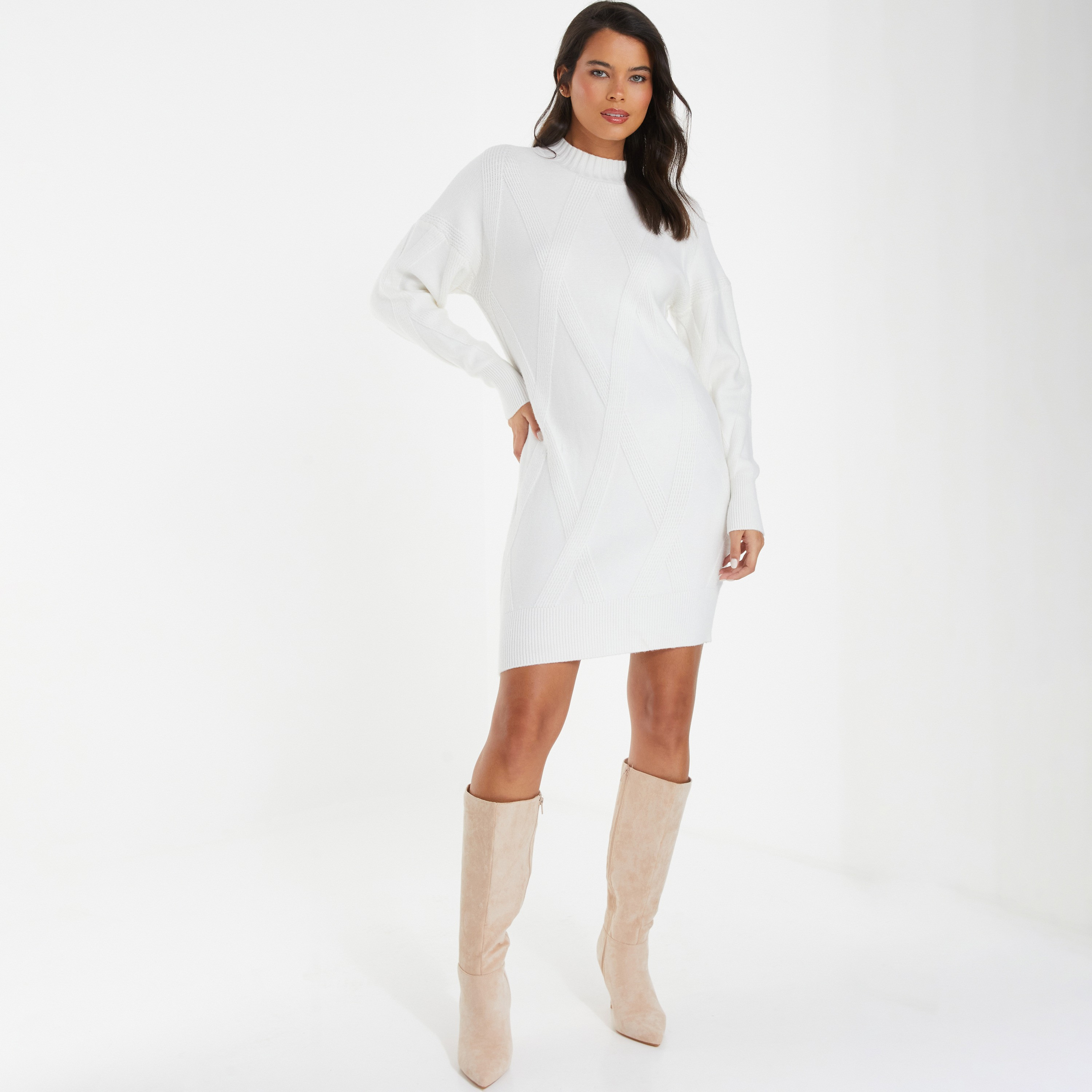 فستان جامبر قصير منسوج بياقة عالية من كويز-women-clothing-dresses-image-1
