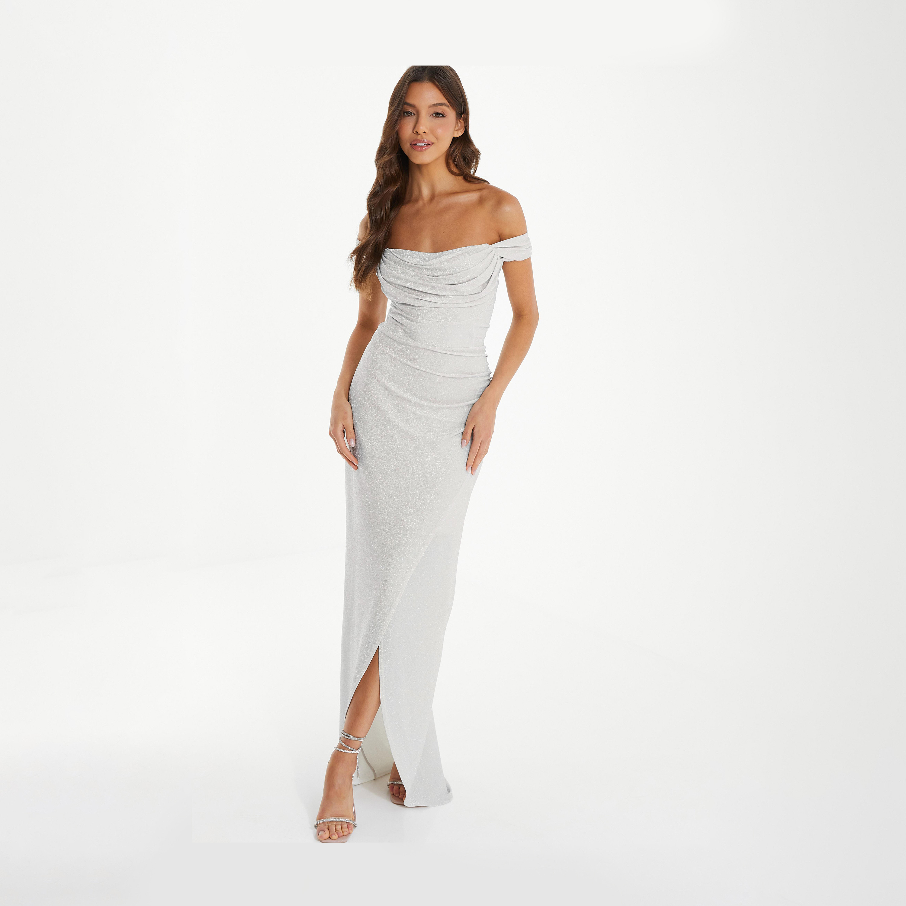 Quiz Silver Lurex Bardot Cowl Wrap Maxi Dress-women-clothing-dresses-image-1