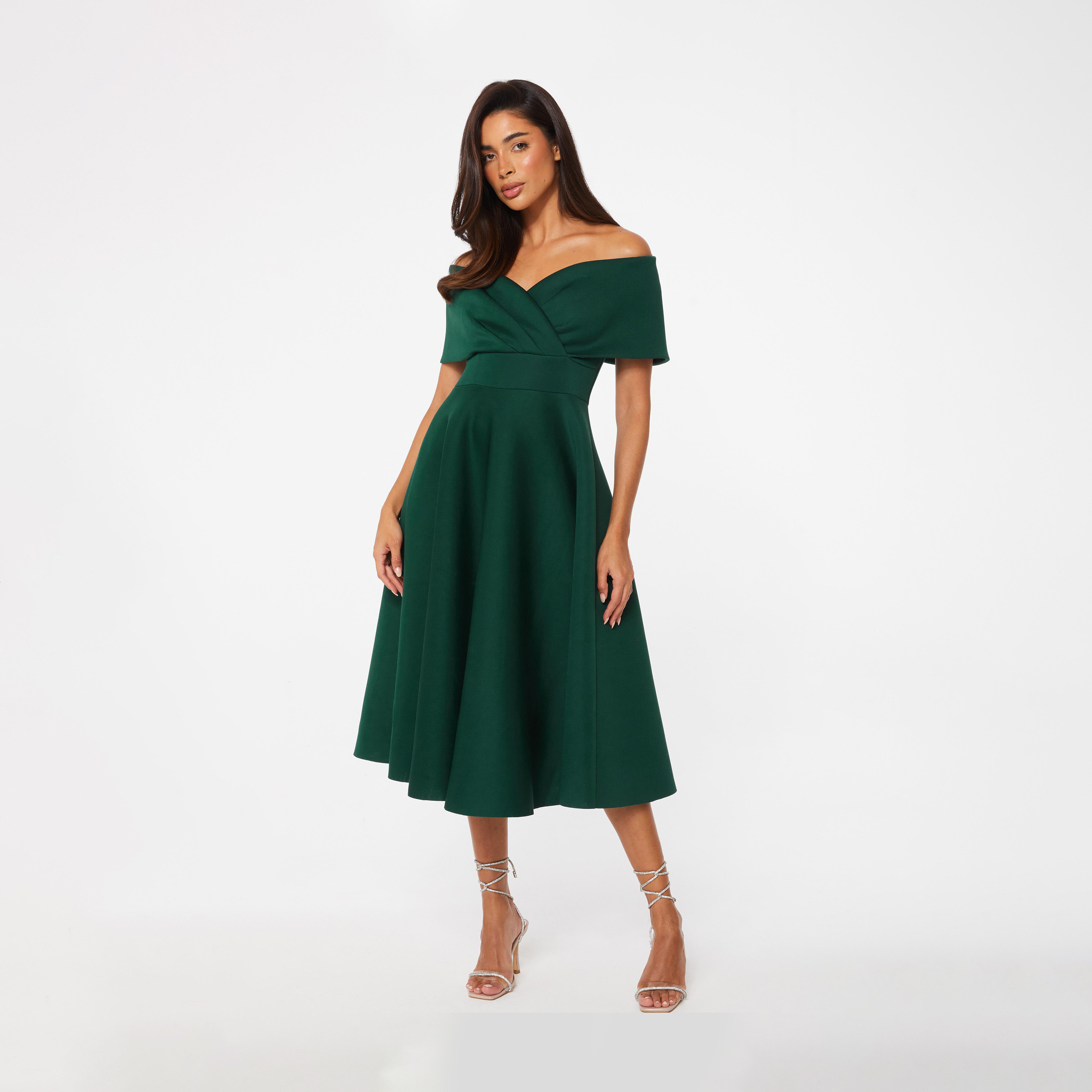 كويز-  فستان سهرة متوسط ​​الطول من قماش سكوبا باردو بلون أخضر فاتح-women-clothing-dresses-image-1
