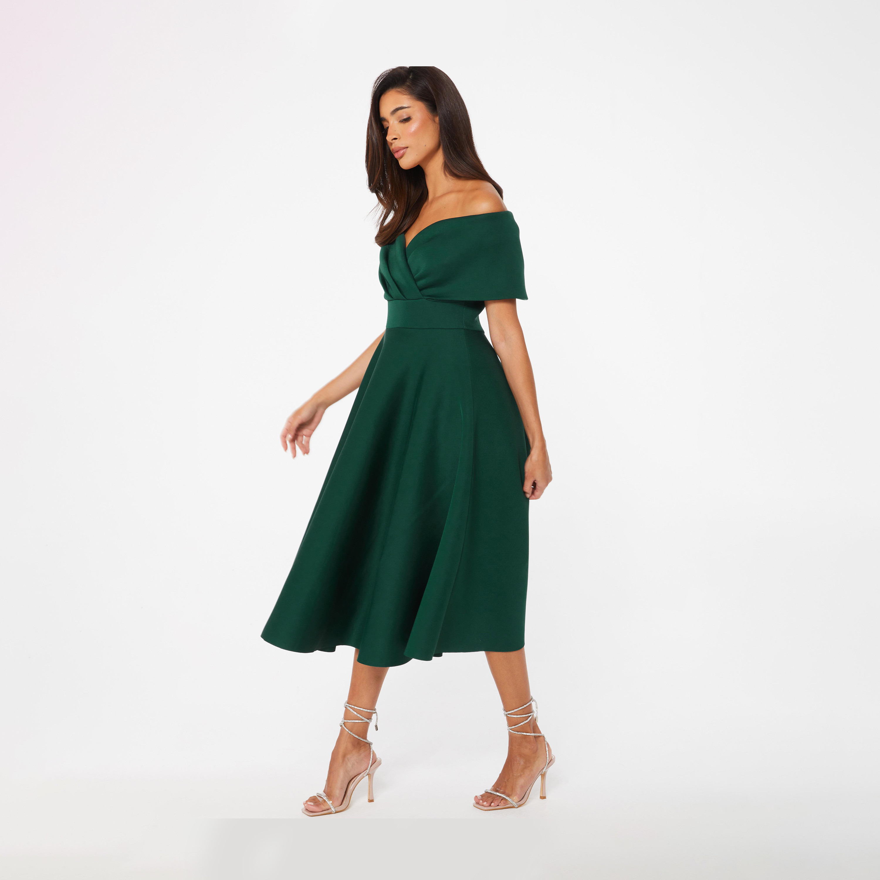 Quiz Bottle Green Scuba Bardot Skater Midi Evening Dress-women-clothing-dresses-image-3