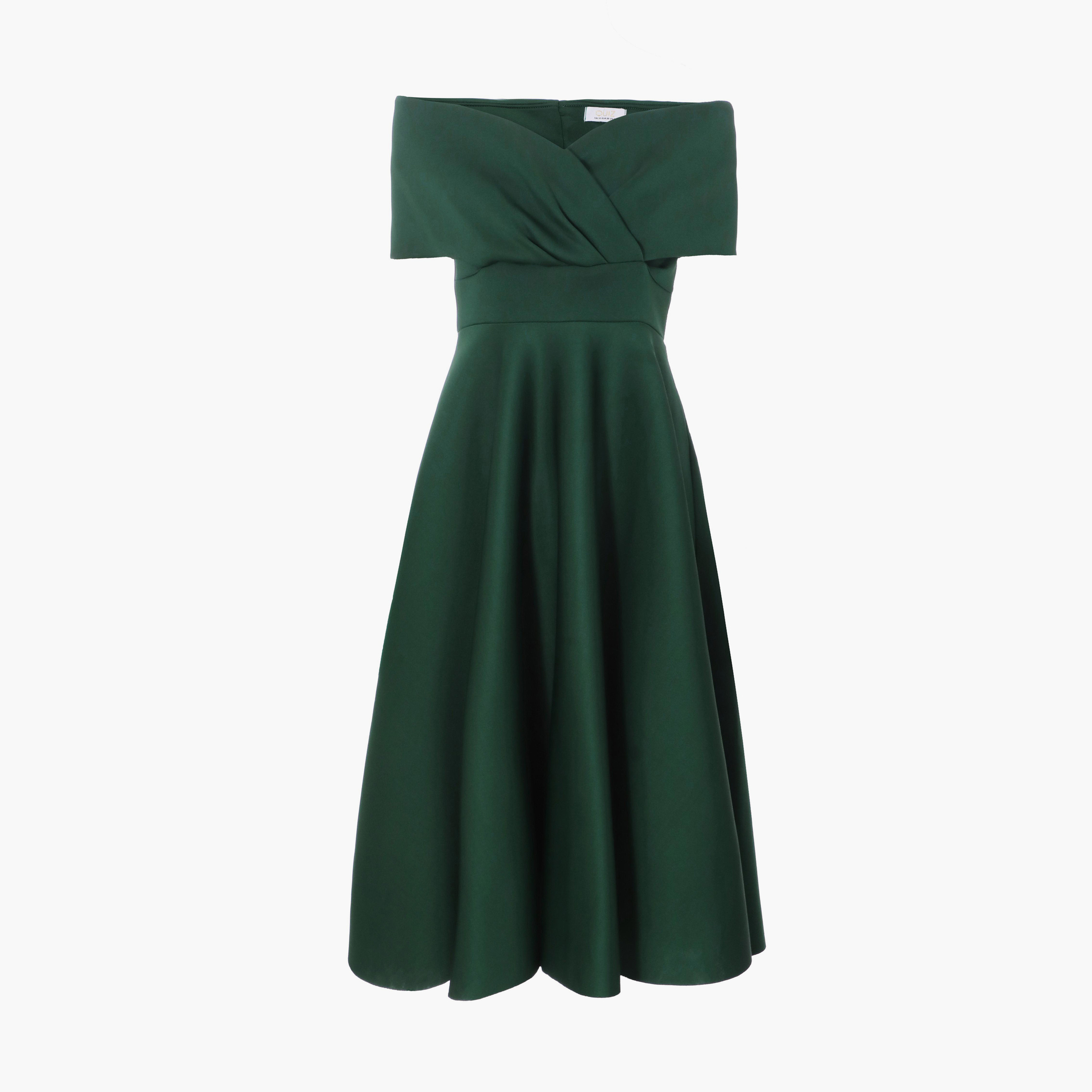 Quiz Bottle Green Scuba Bardot Skater Midi Evening Dress-women-clothing-dresses-image-5