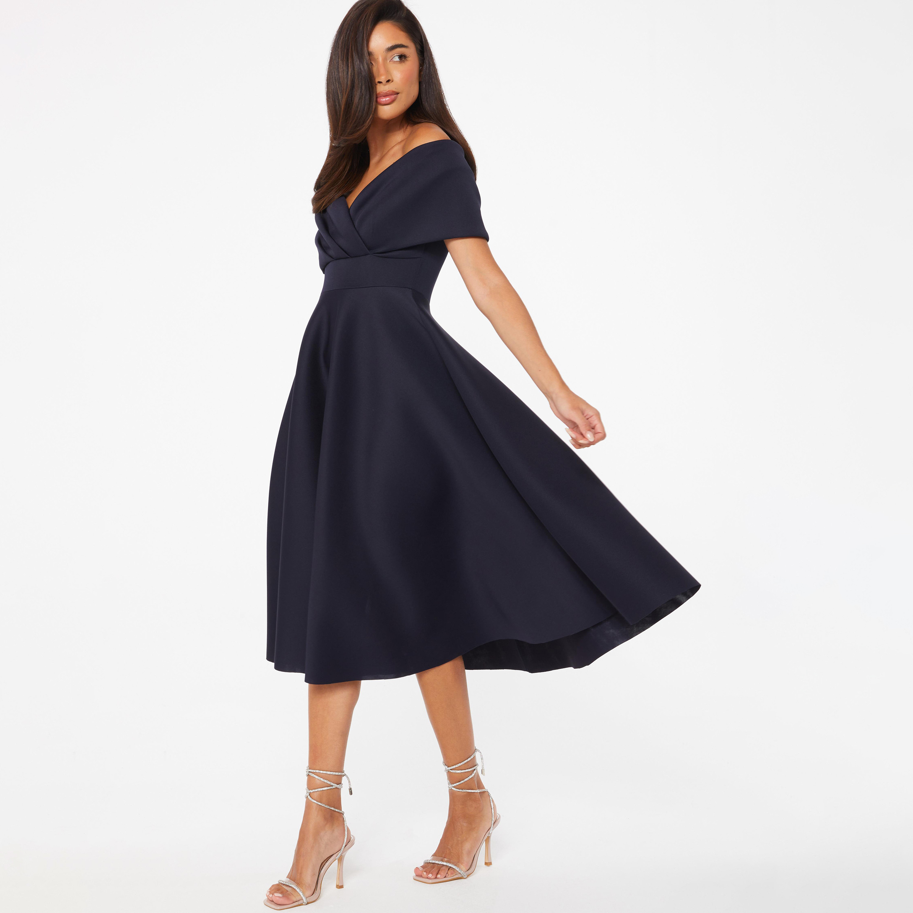 فستان متزلج متوسط الطول بياقة باردوت سادة من كويز-women-clothing-dresses-image-2
