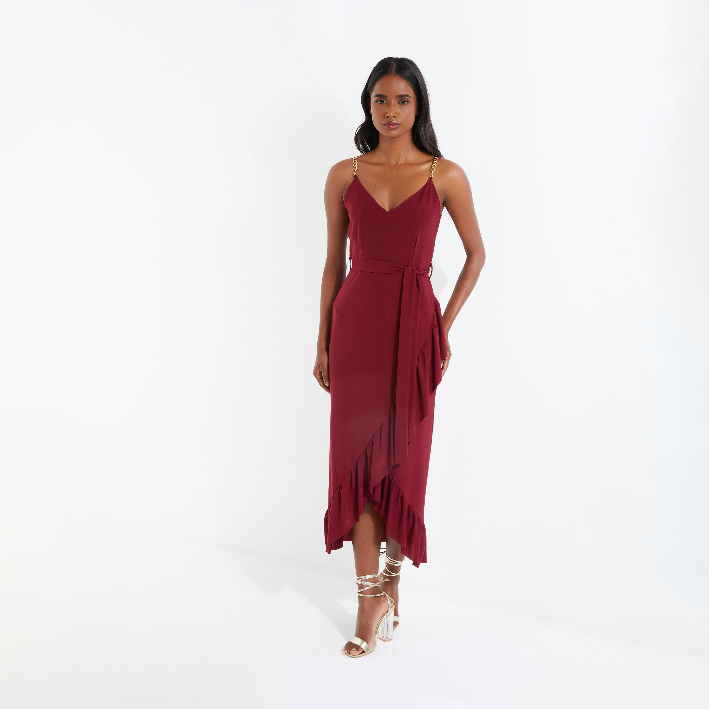 كويز-  فستان ملفوف بحزام سلسلة بلون النبيذ-women-clothing-dresses-image-1