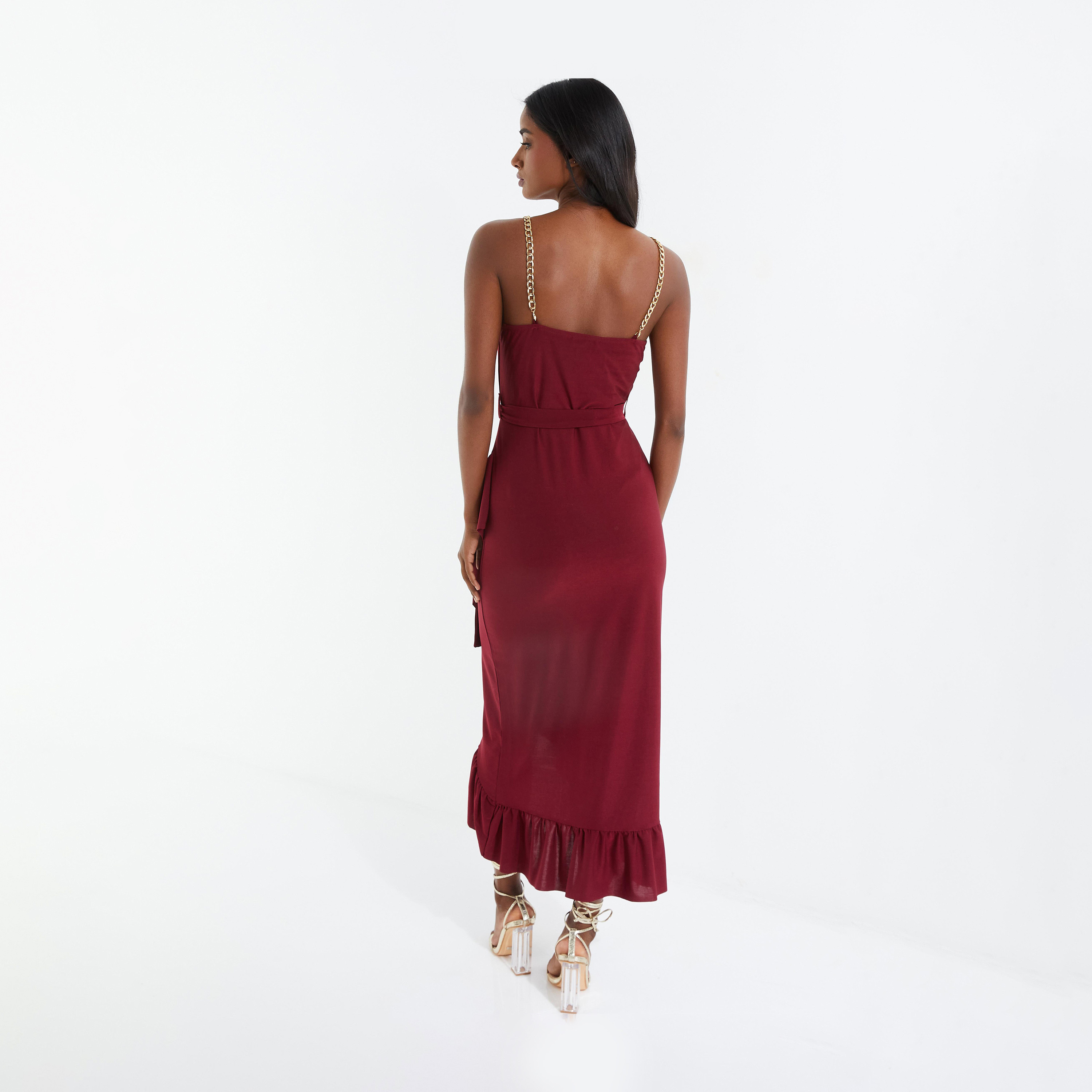 كويز-  فستان ملفوف بحزام سلسلة بلون النبيذ-women-clothing-dresses-image-2