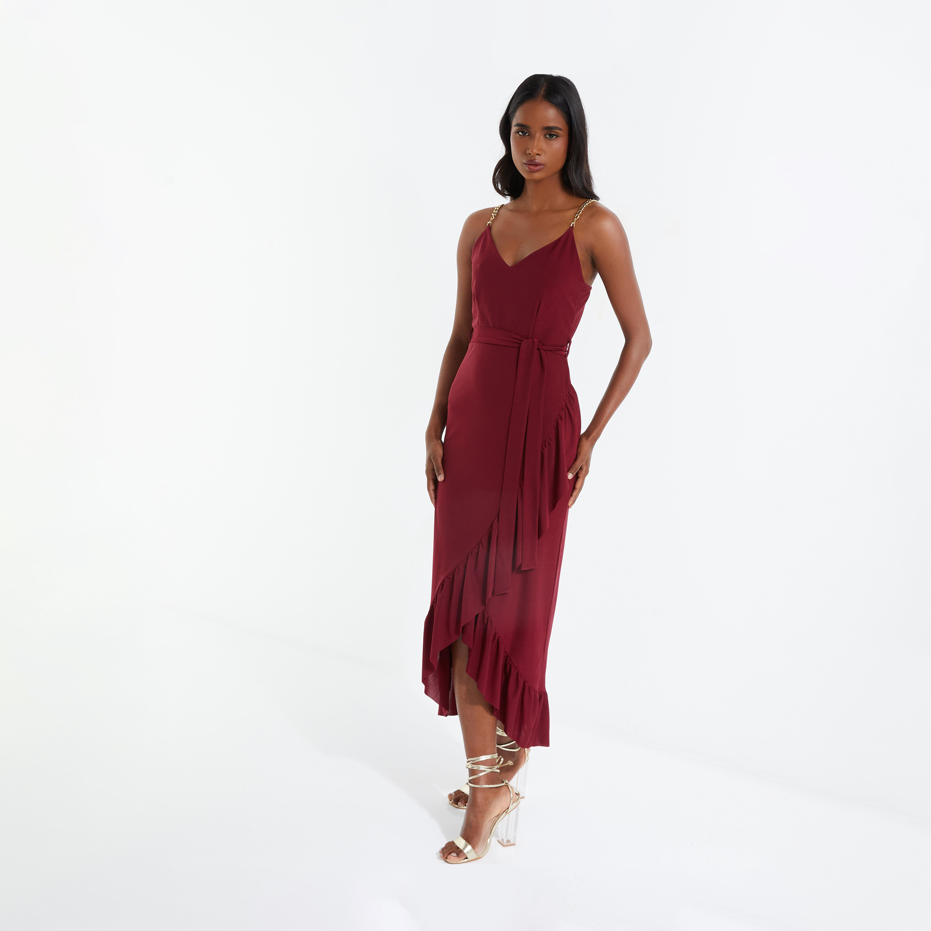 كويز-  فستان ملفوف بحزام سلسلة بلون النبيذ-women-clothing-dresses-image-3