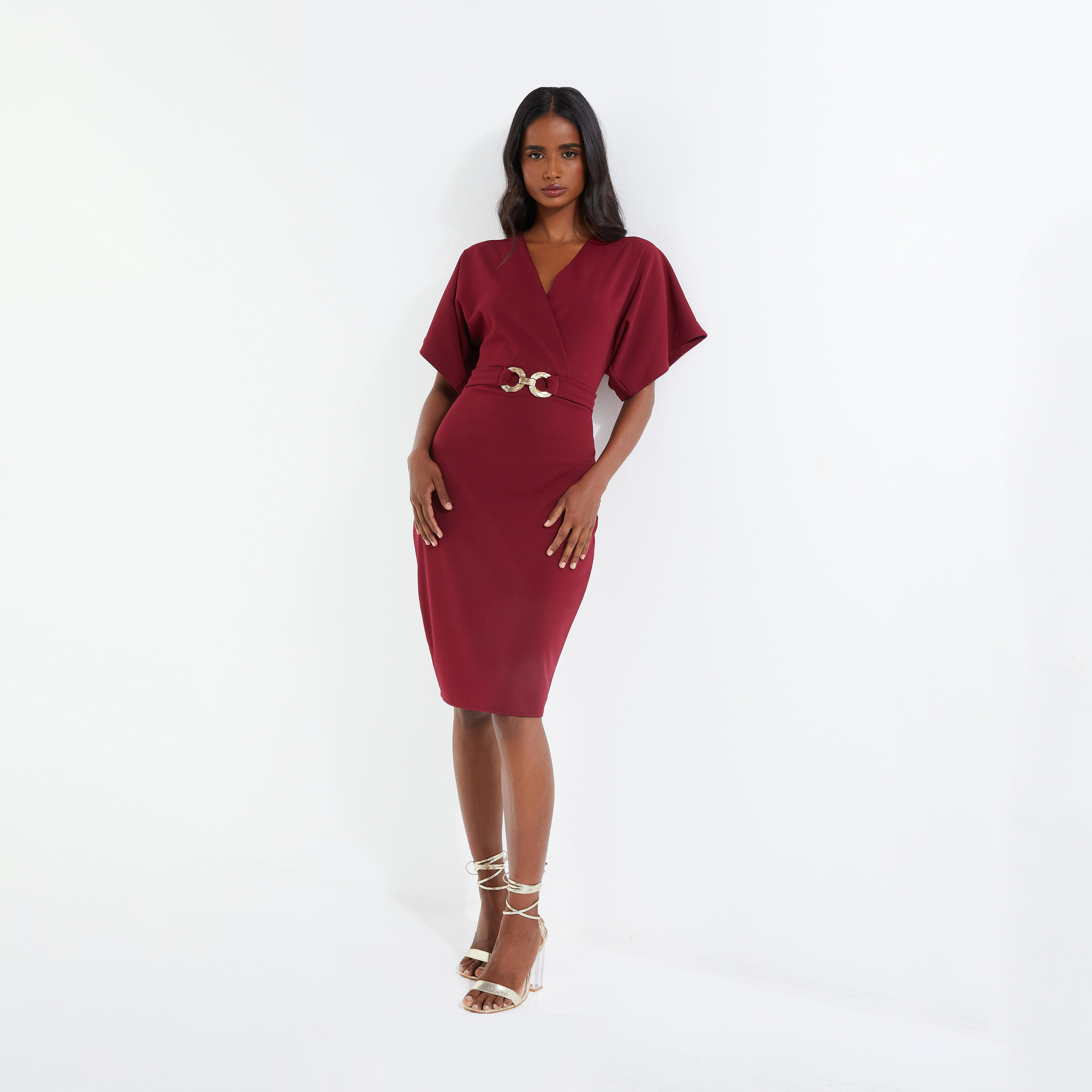 Quiz Wine Scuba Crepe Gold Buckle Wrap Midi Dress-women-clothing-dresses-image-1