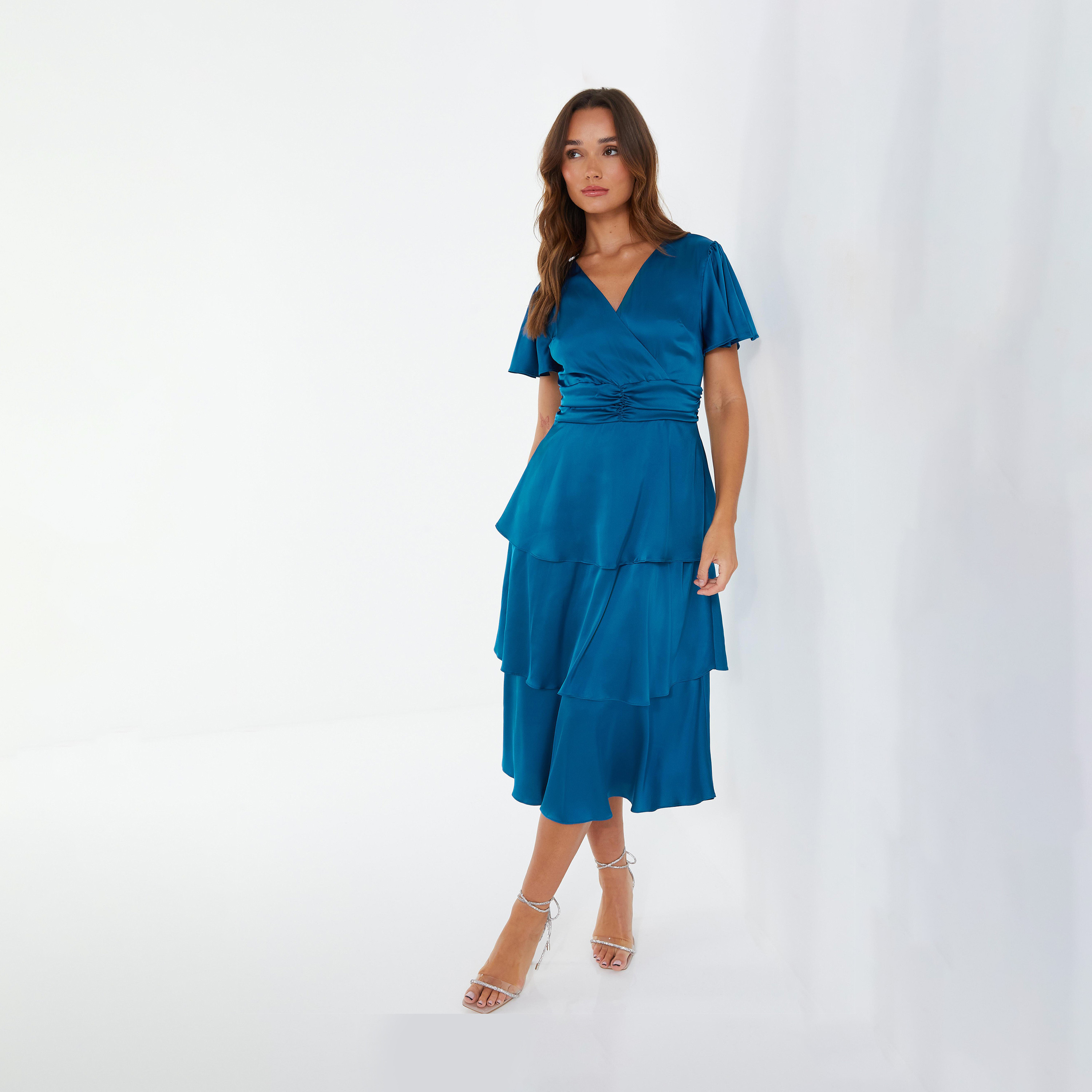 Quiz Teal Satin Frill Sleeve Tiered Midi Evening Dress-women-clothing-dresses-image-1