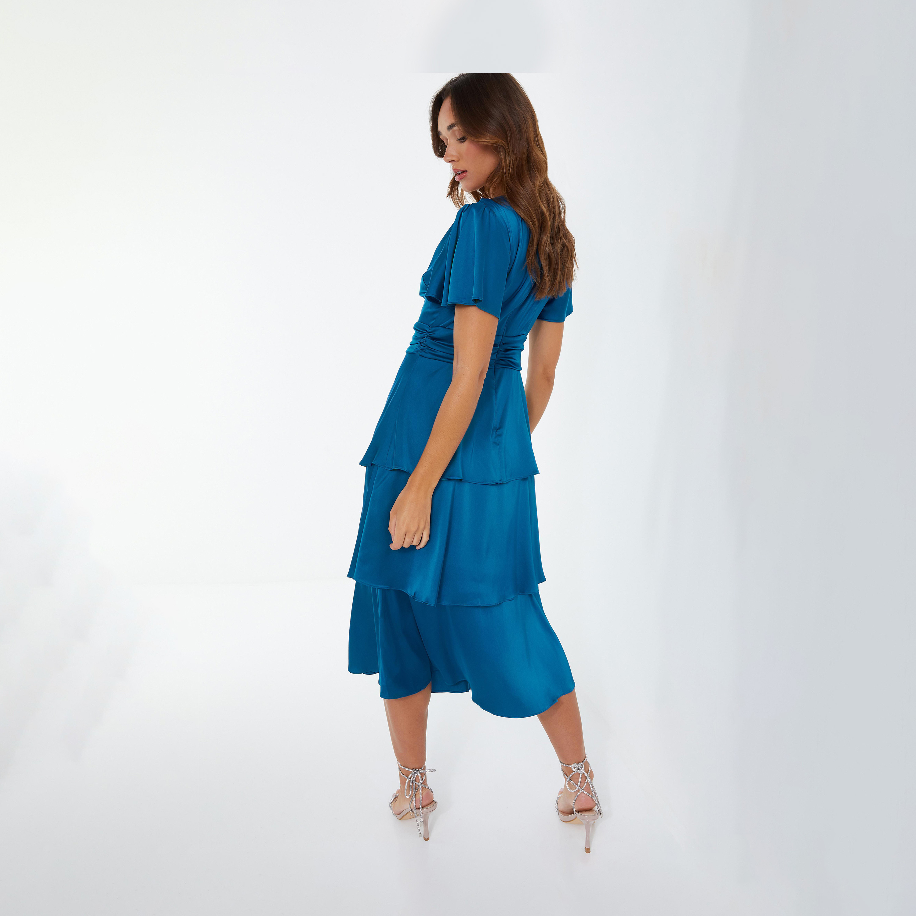 Quiz Teal Satin Frill Sleeve Tiered Midi Evening Dress-women-clothing-dresses-image-3