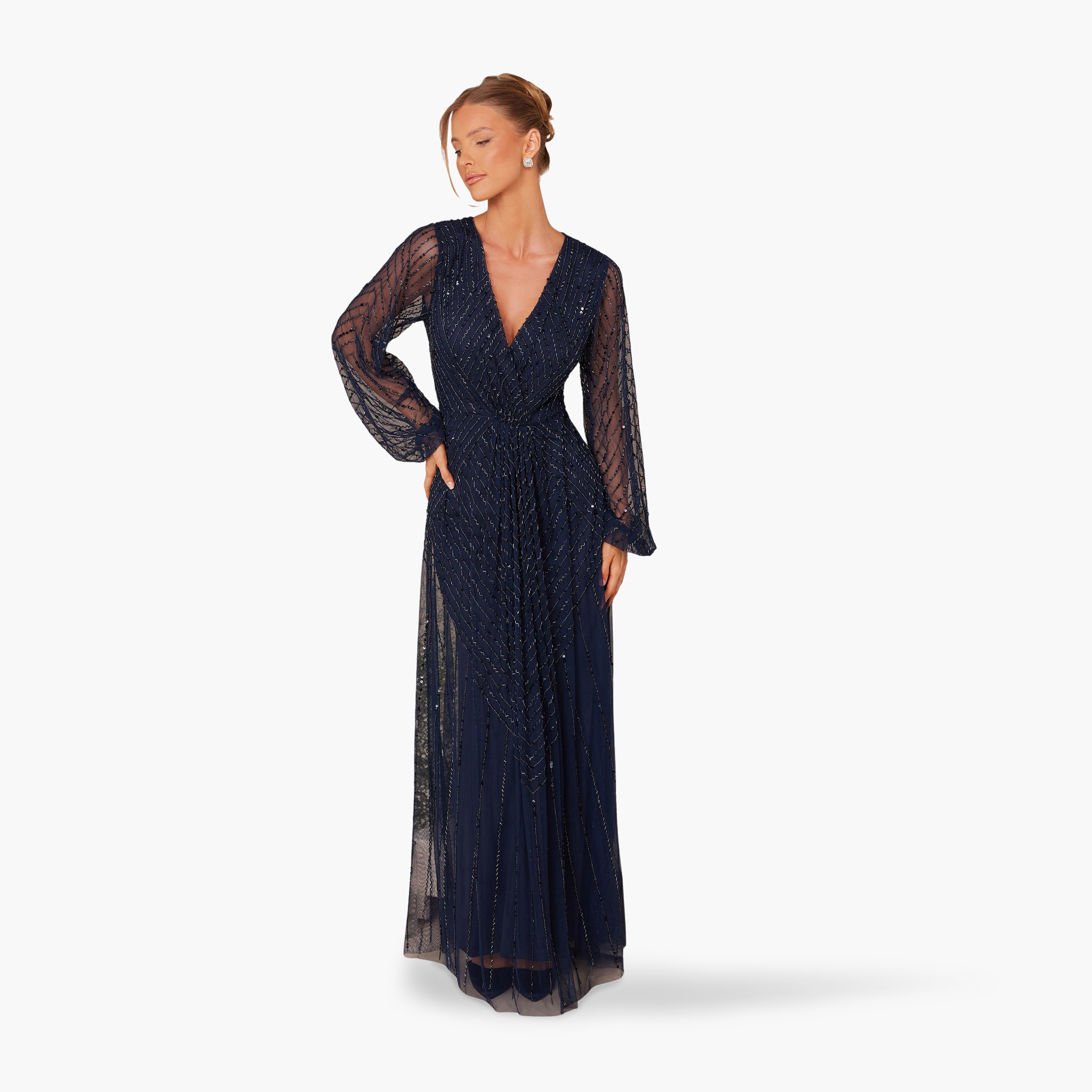 كويز-  فستان سهرة ماكسي طويل الأكمام مطرز باللون الأزرق الداكن-women-clothing-dresses-image-1