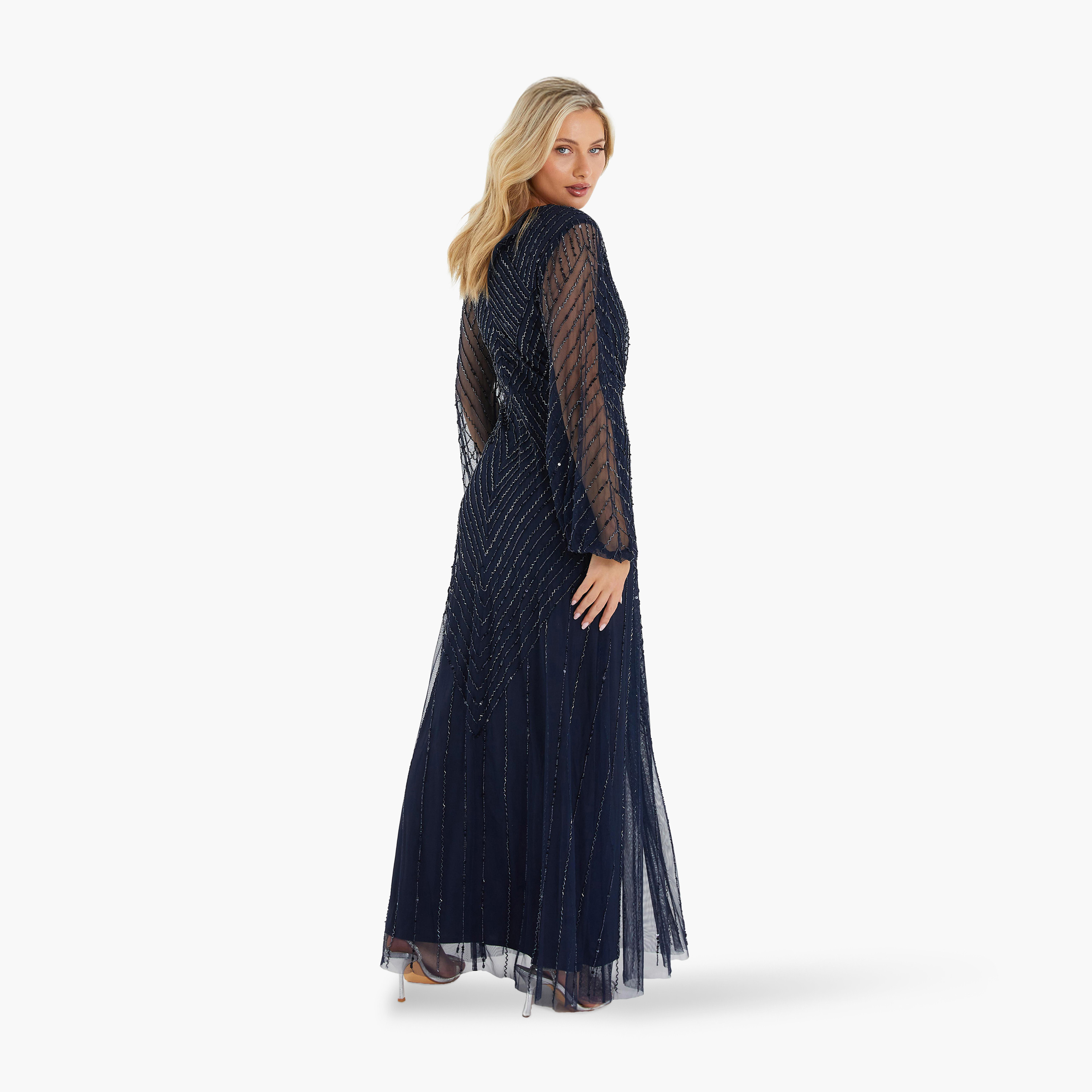 كويز-  فستان سهرة ماكسي طويل الأكمام مطرز باللون الأزرق الداكن-women-clothing-dresses-image-2