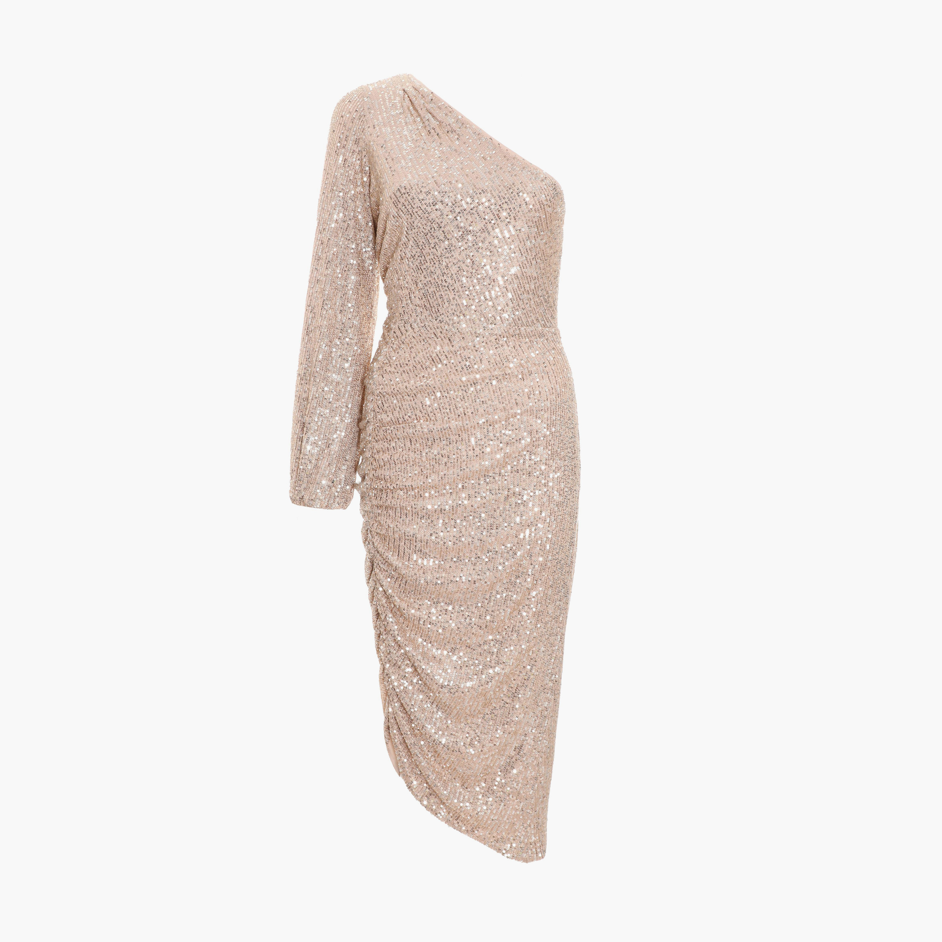 كويز-  فستان سهرة متوسط ​​الطول بكتف واحد مزين بالترتر بلون الشمبانيا-women-clothing-dresses-image-5