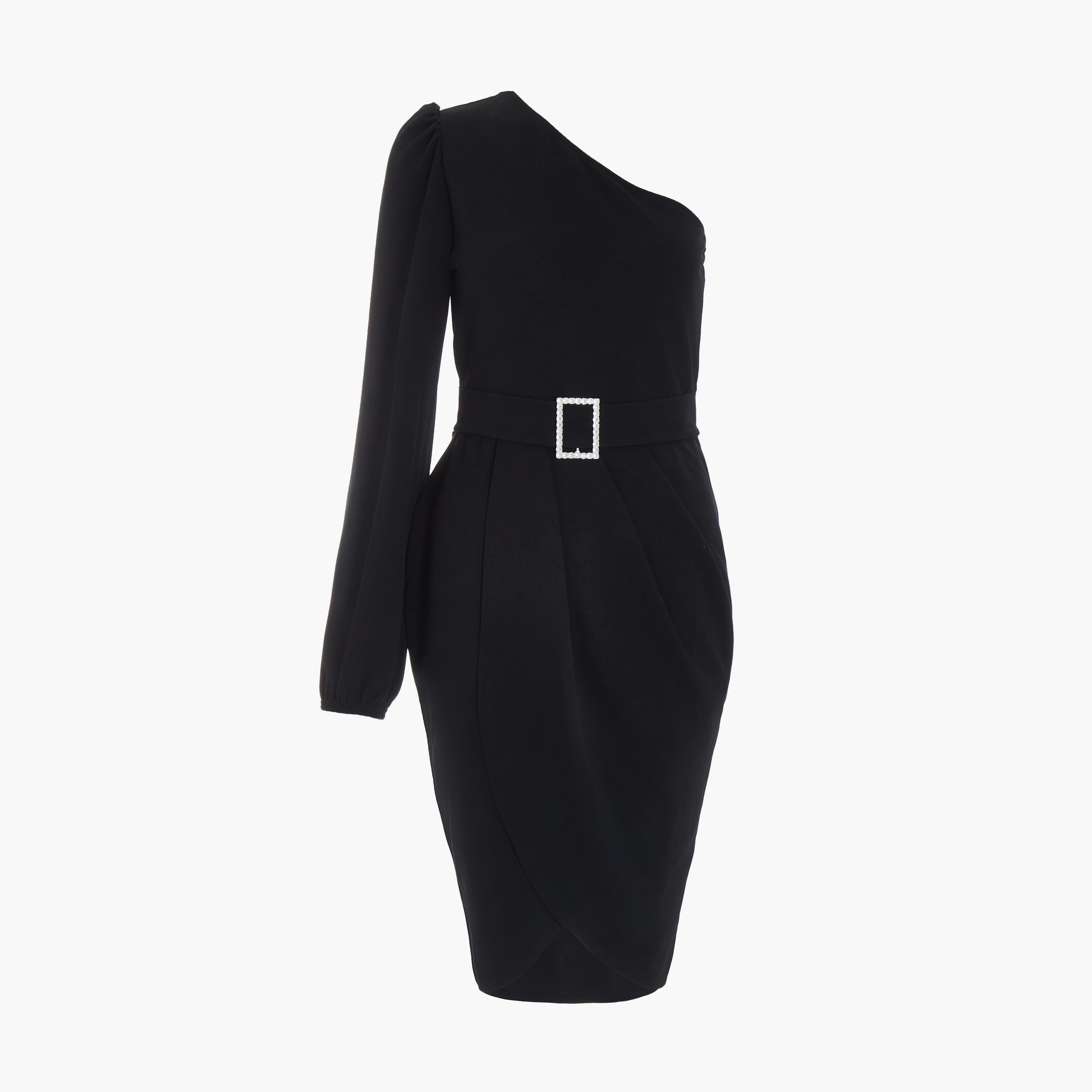 كويز-  فستان أسود بأكمام واحدة مزين بإبزيم من الكريب السكوبا-women-clothing-dresses-image-5