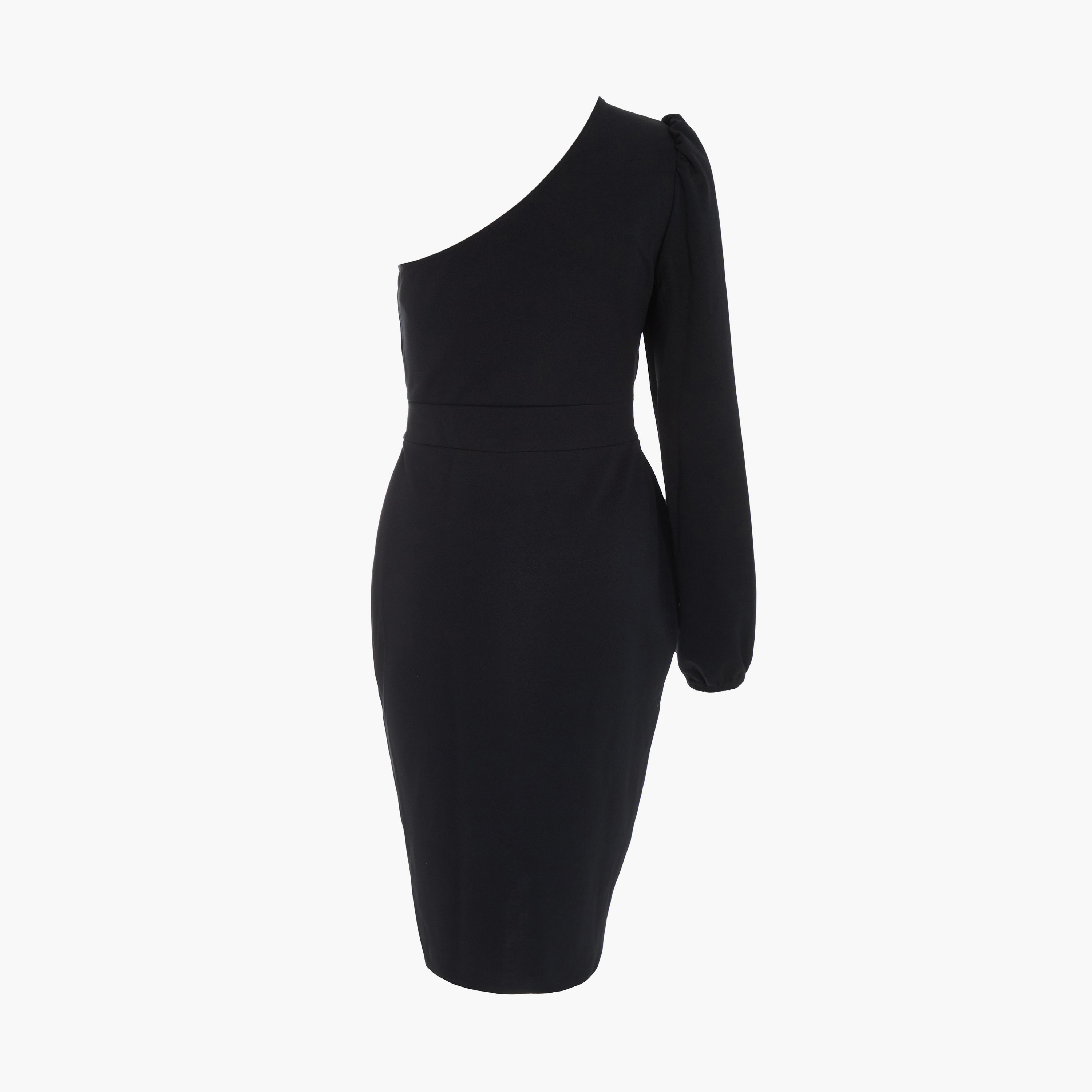 كويز-  فستان أسود بأكمام واحدة مزين بإبزيم من الكريب السكوبا-women-clothing-dresses-image-6