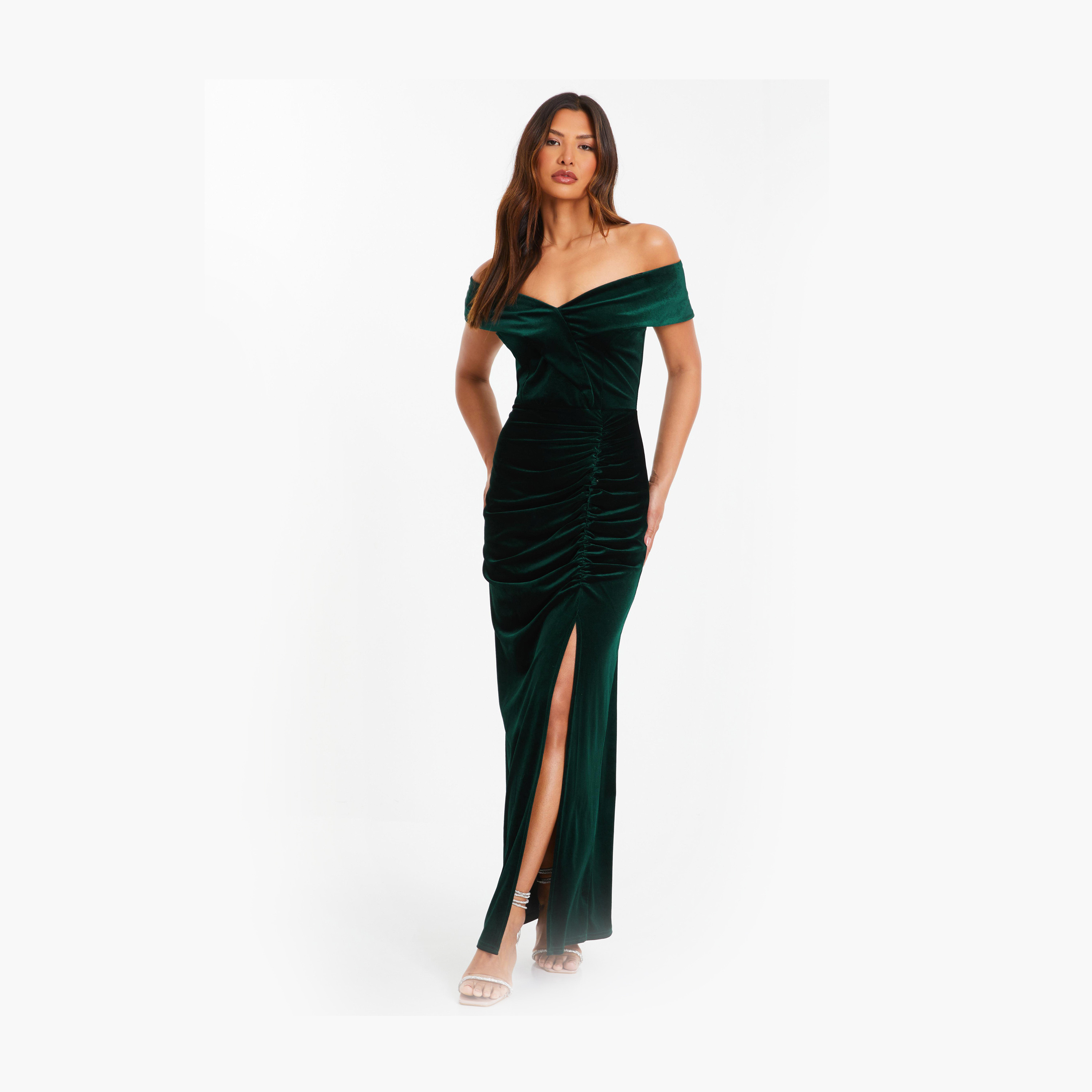 Quiz Bottle Green Velvet Bardot Ruched Maxi Evening Dress-women-clothing-dresses-image-1